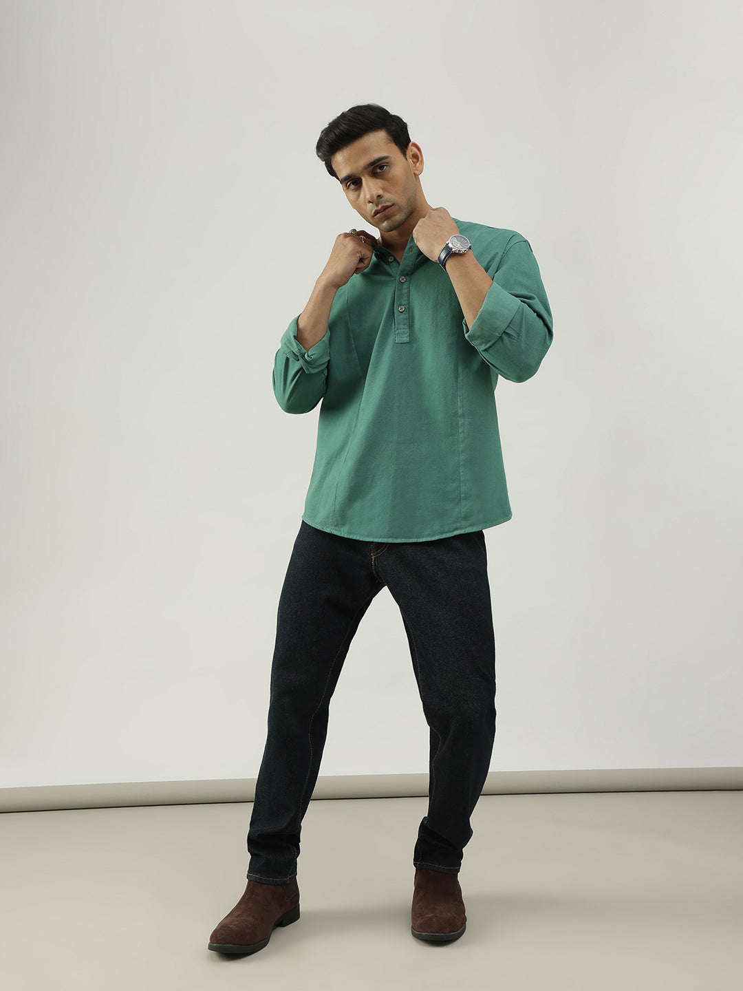 Green Shirt-Kurta with Full Sleeves