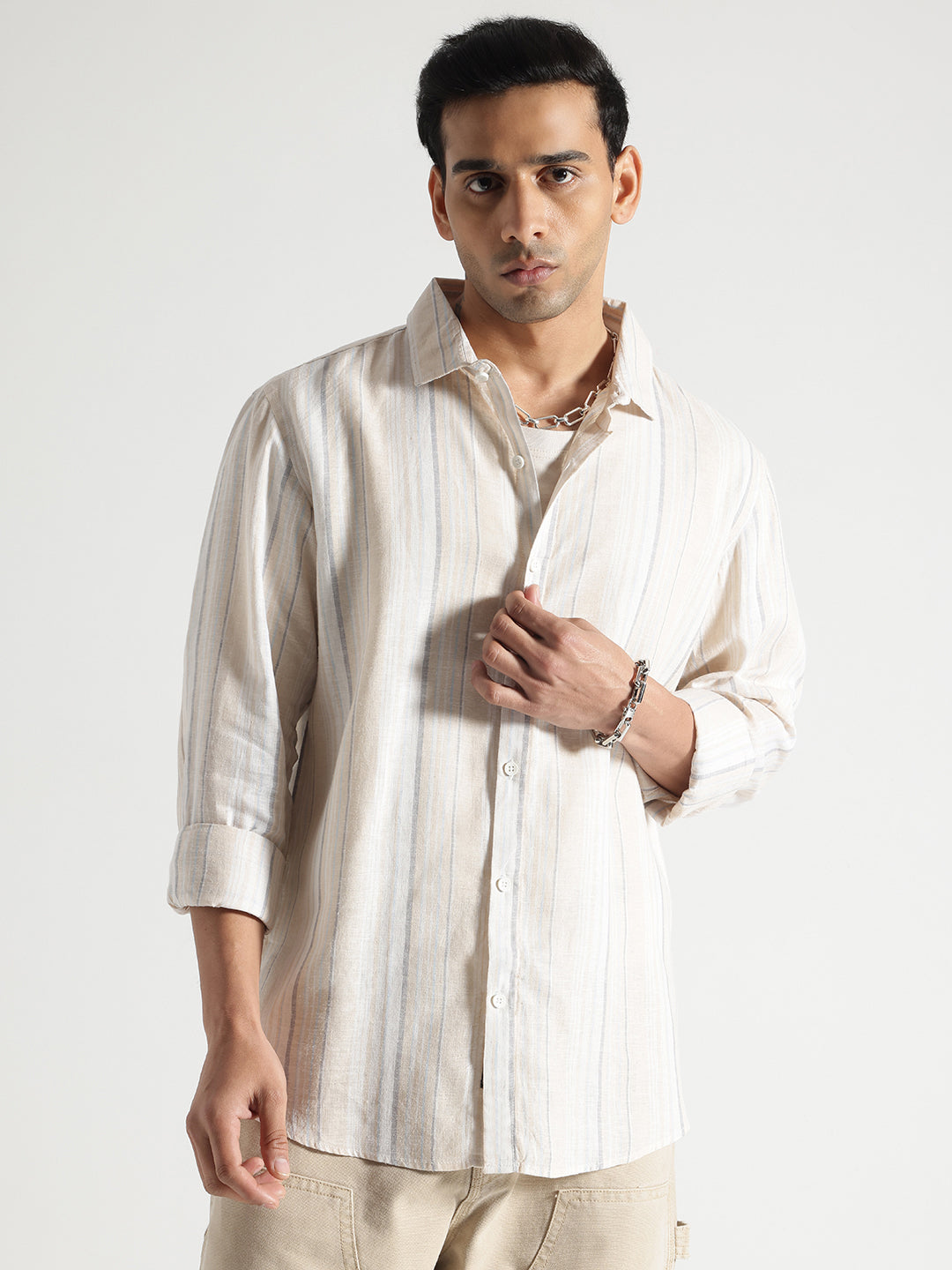 Cream Checked Full Sleves Cotton Shirt
