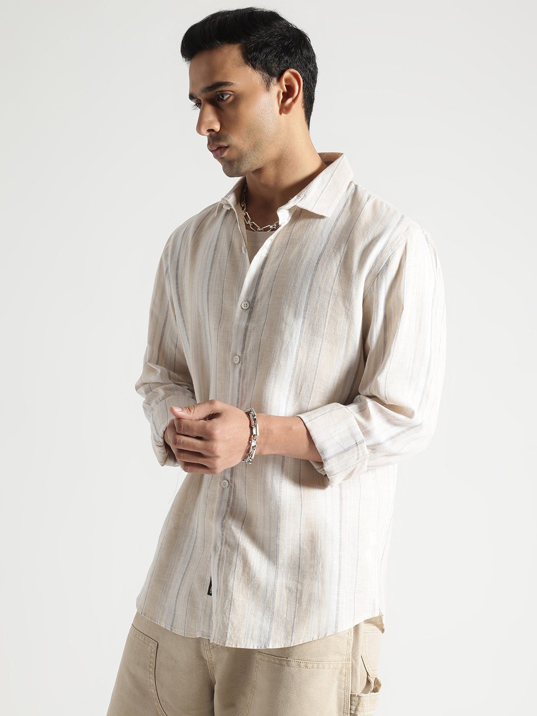 Cream Checked Full Sleves Cotton Shirt