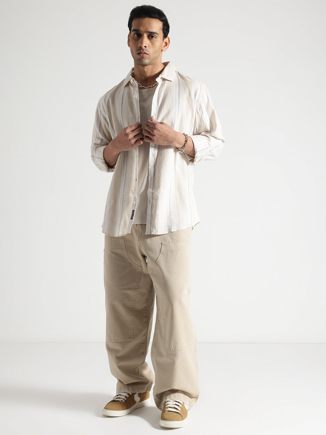 Cream Checked Full Sleves Cotton Shirt