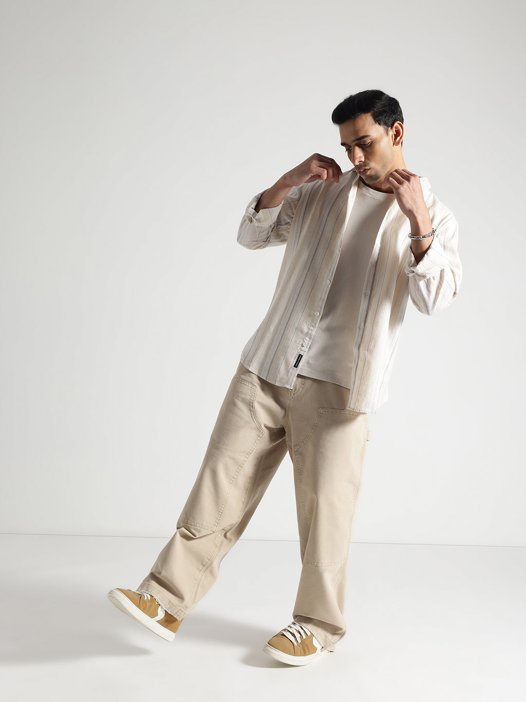 Cream Checked Full Sleves Cotton Shirt