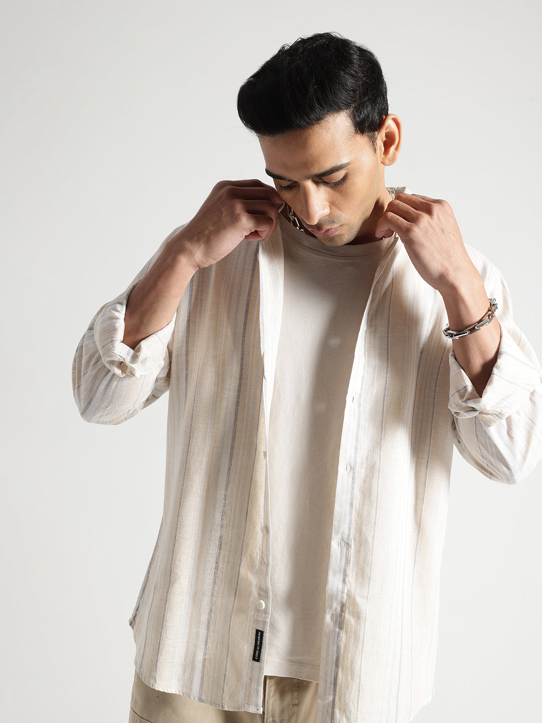 Cream Checked Full Sleves Cotton Shirt