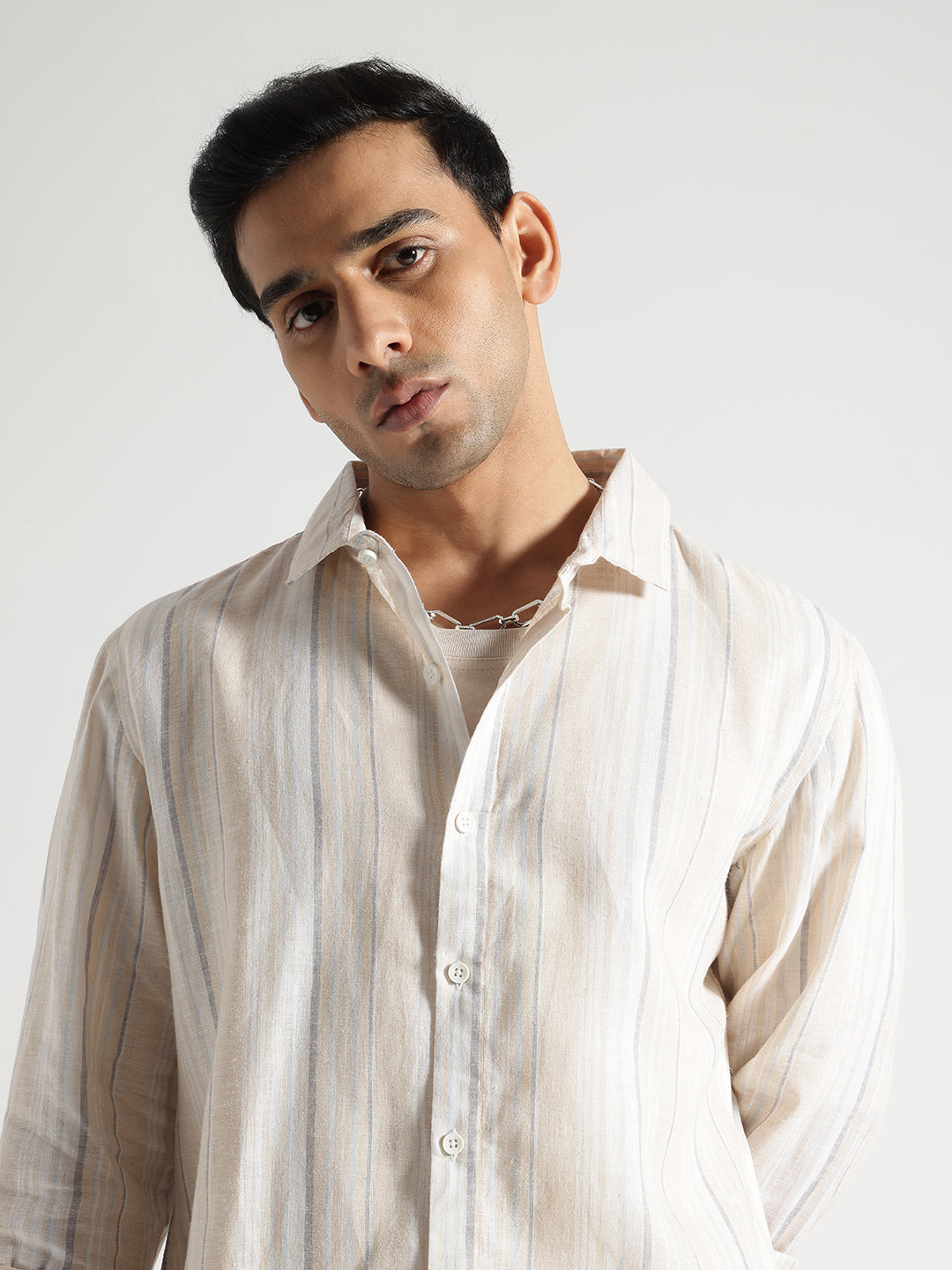 Cream Checked Full Sleves Cotton Shirt