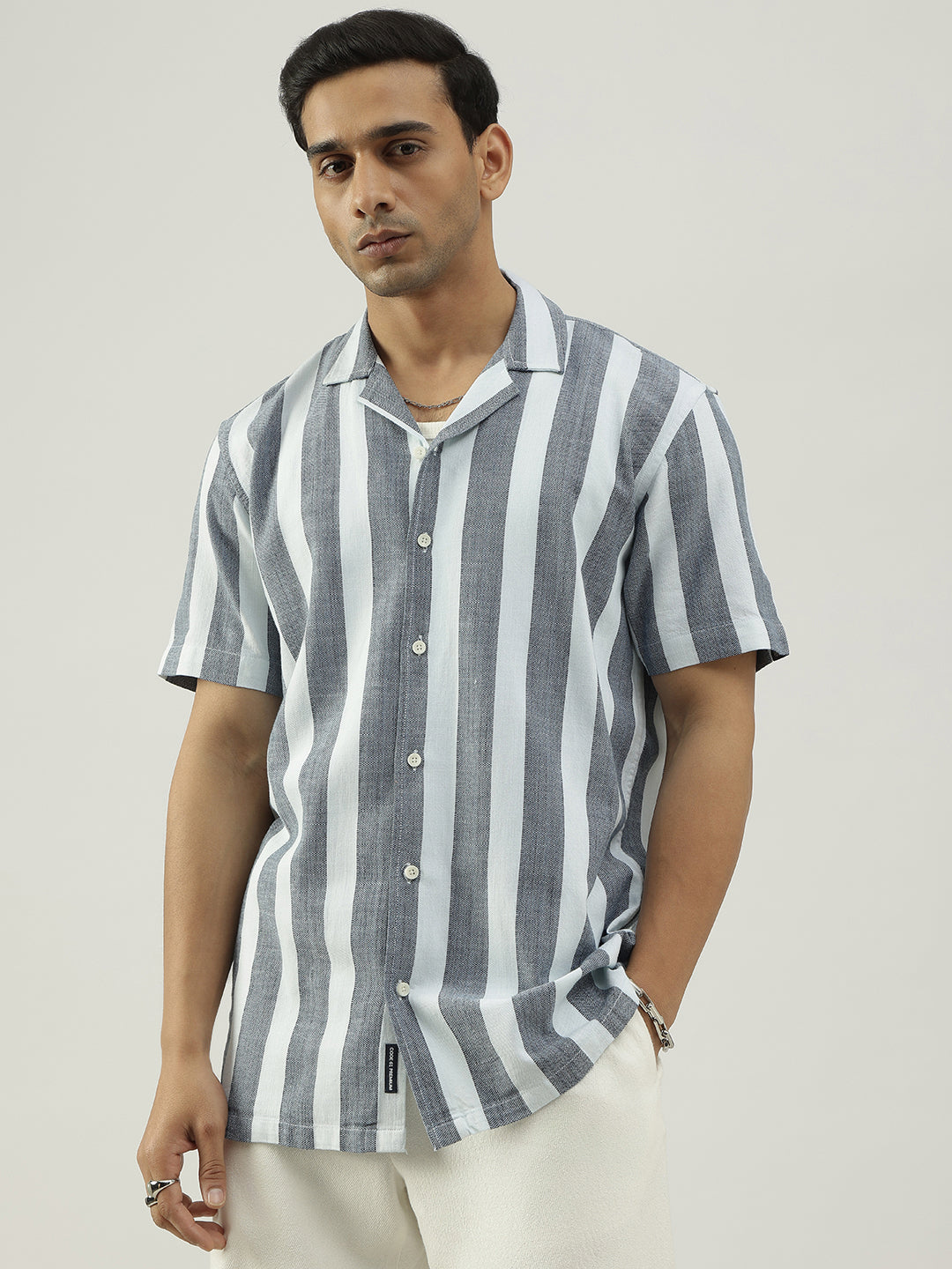 White and Grey Striped Half Sleeves Shirt