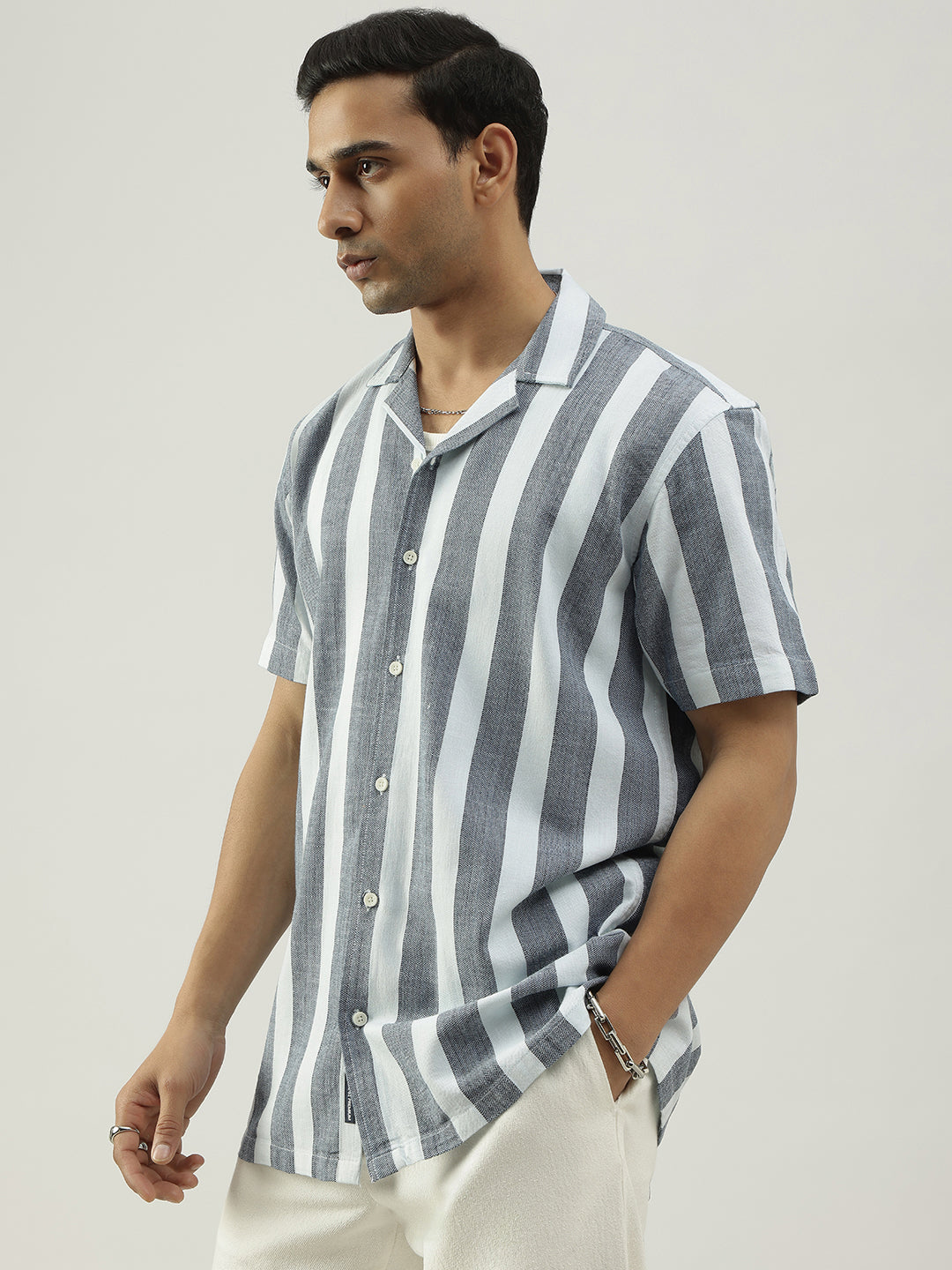 White and Grey Striped Half Sleeves Shirt