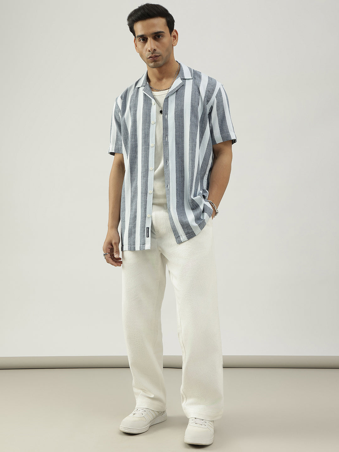 White and Grey Striped Half Sleeves Shirt