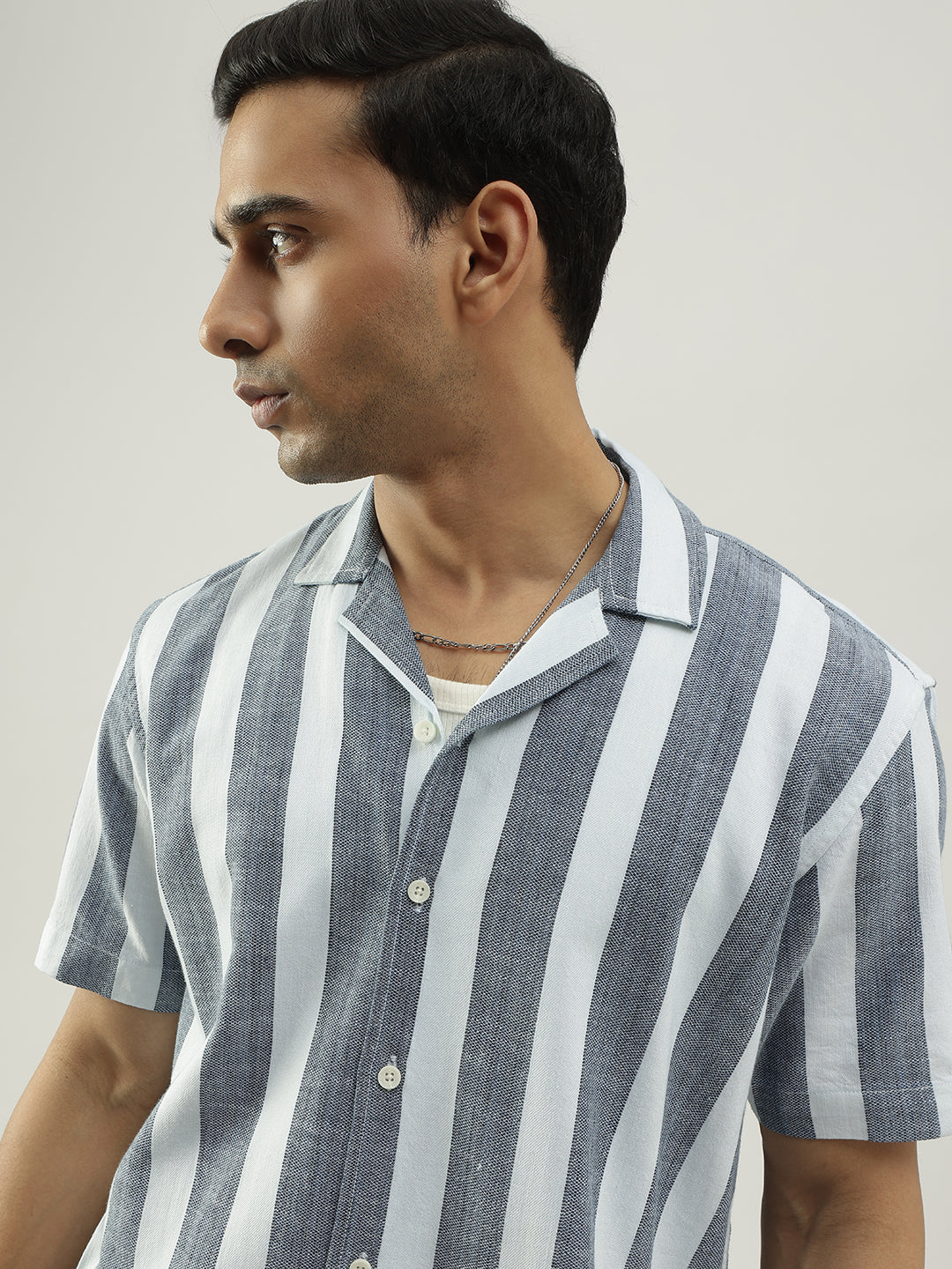White and Grey Striped Half Sleeves Shirt