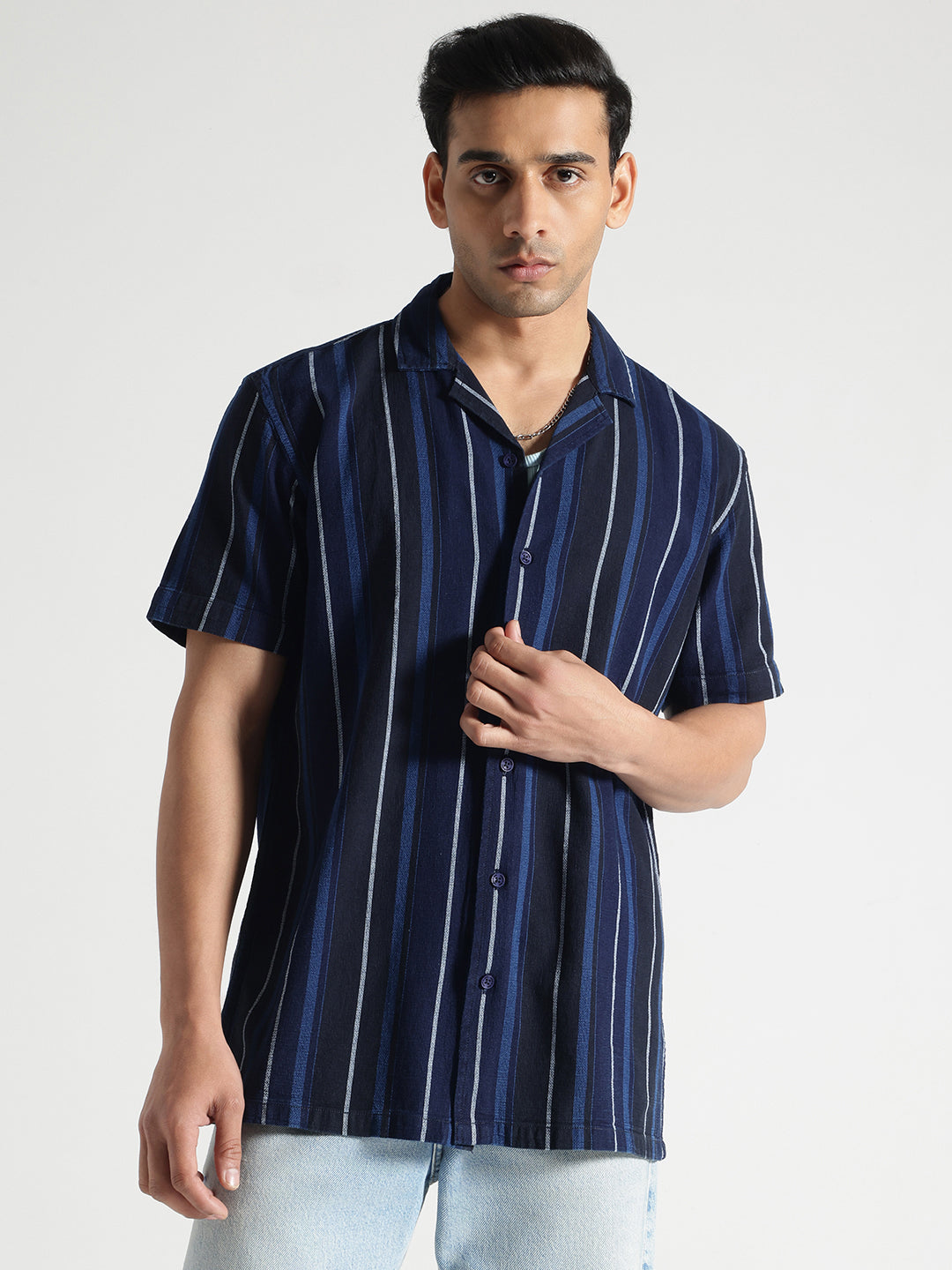 Blue Stiped Half Sleeves Cotton Shirt