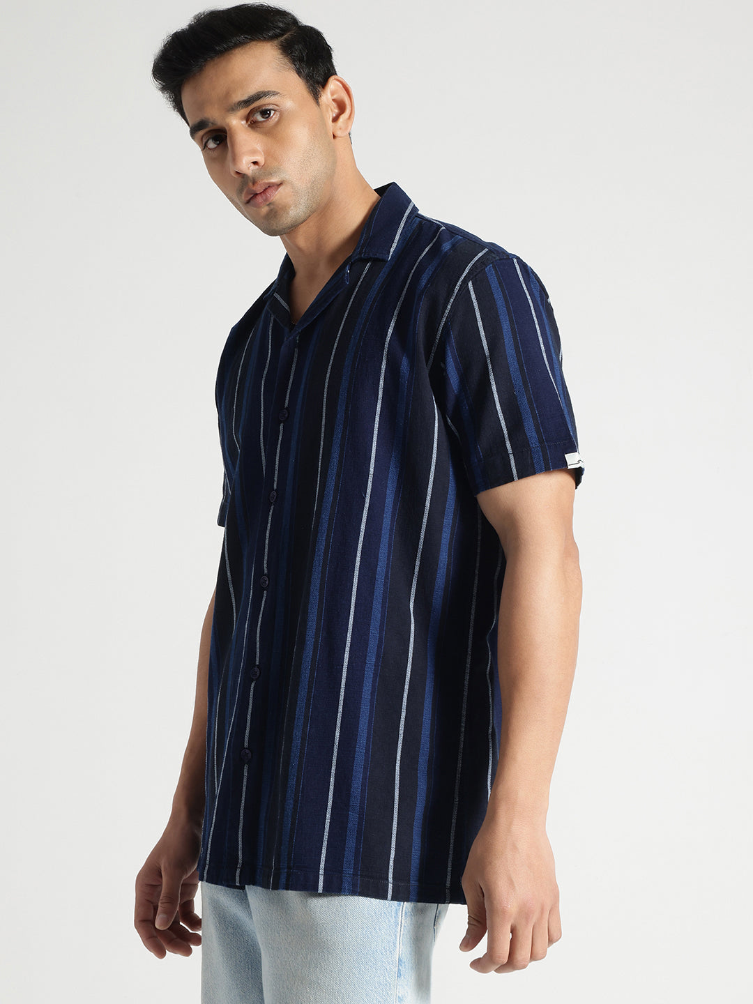 Blue Stiped Half Sleeves Cotton Shirt
