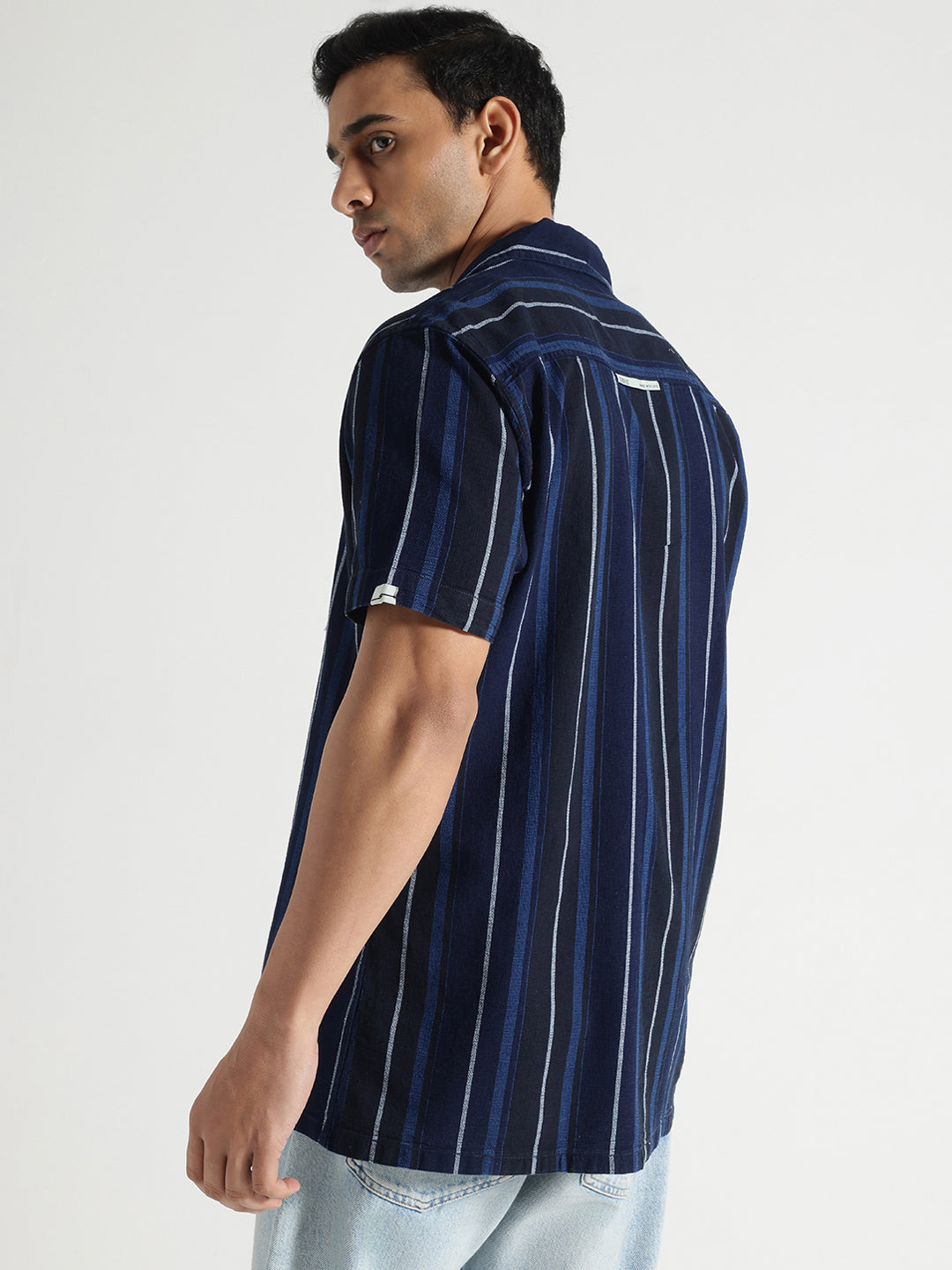 Blue Stiped Half Sleeves Cotton Shirt