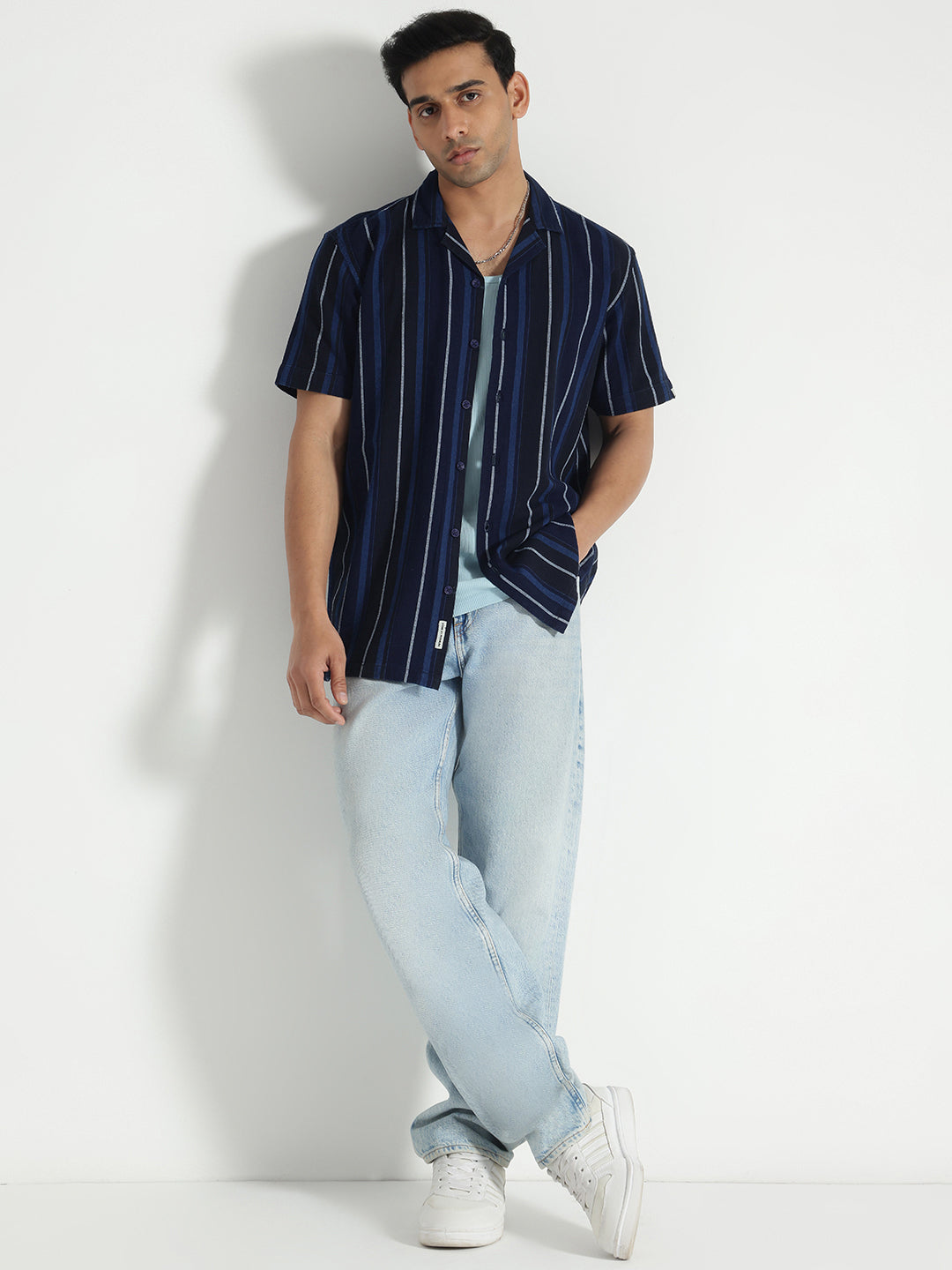 Blue Stiped Half Sleeves Cotton Shirt