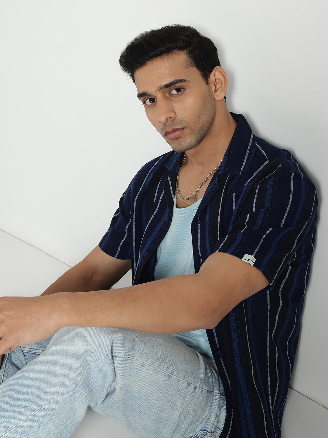Blue Stiped Half Sleeves Cotton Shirt
