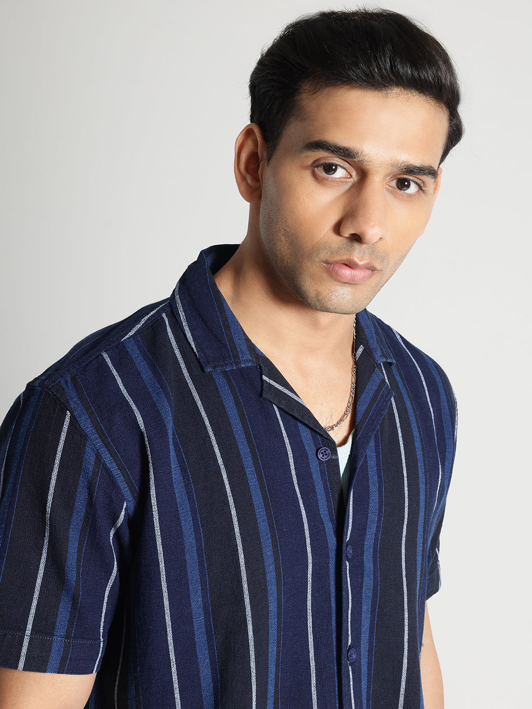 Blue Stiped Half Sleeves Cotton Shirt