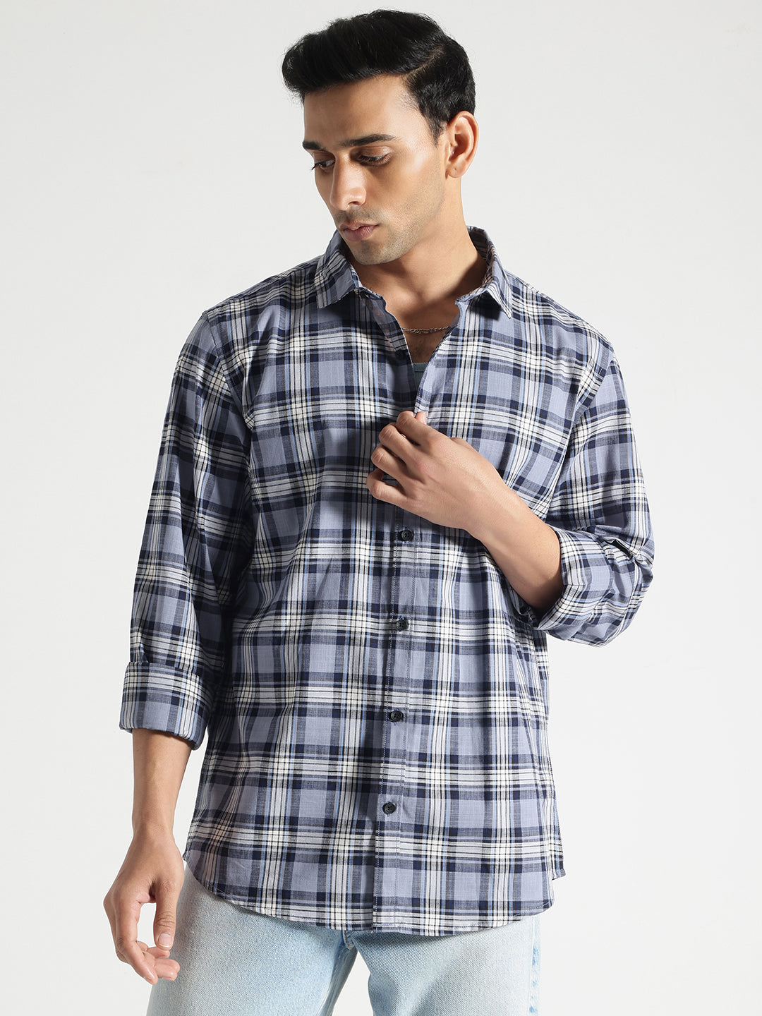 Blue and White Checked Full Sleeves Cotton Shirt