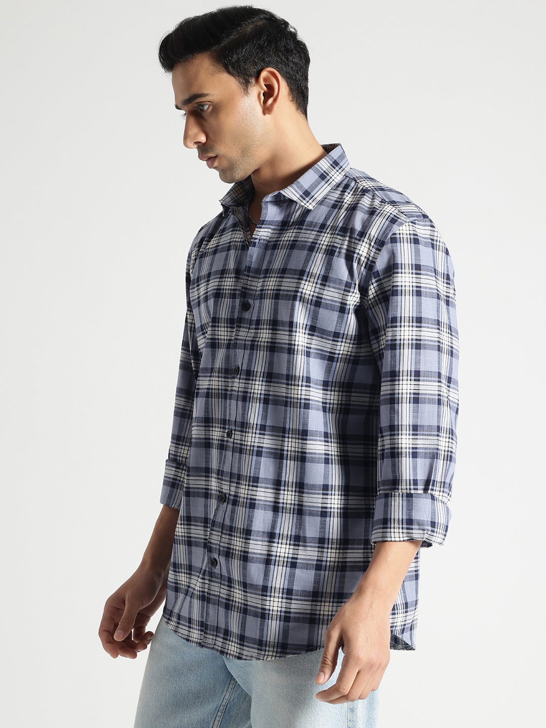 Blue and White Checked Full Sleeves Cotton Shirt