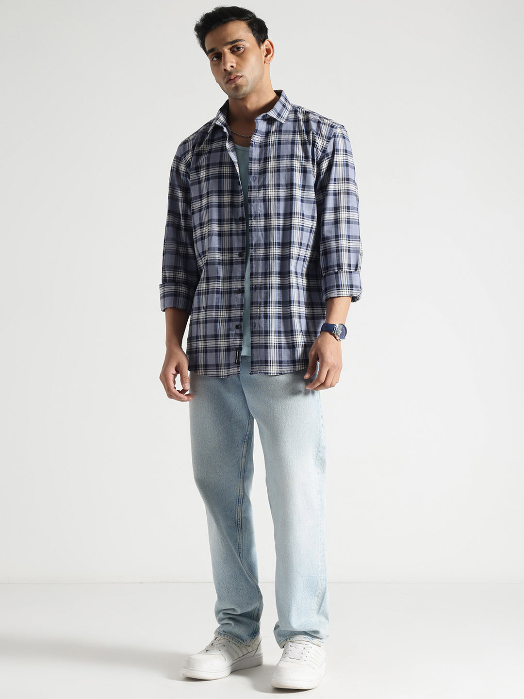 Blue and White Checked Full Sleeves Cotton Shirt