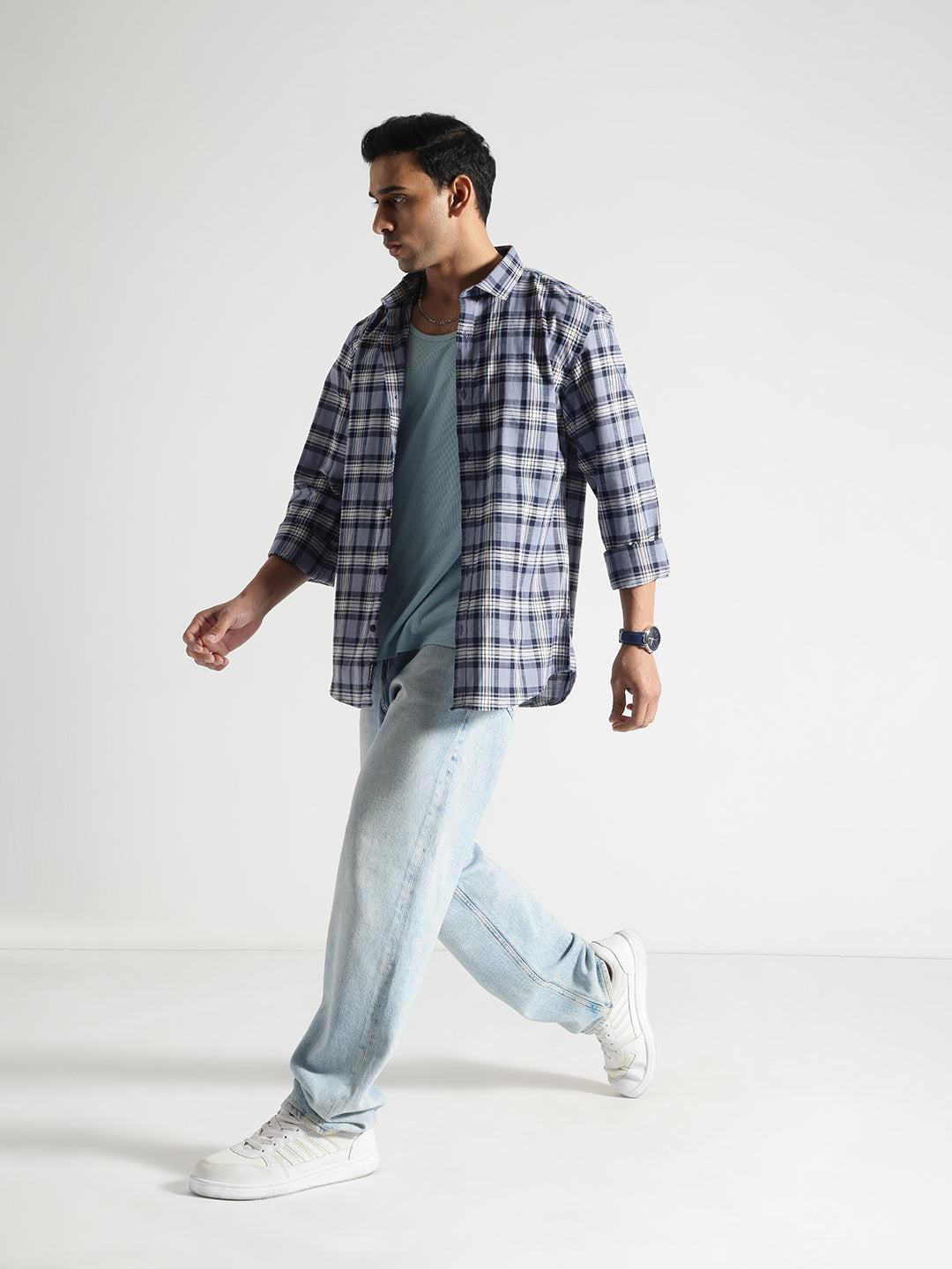 Blue and White Checked Full Sleeves Cotton Shirt