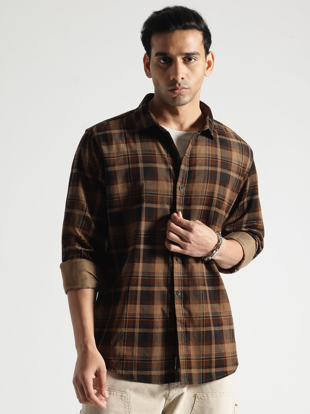 Khakhi Checked Full Sleeves Cotton Shirt