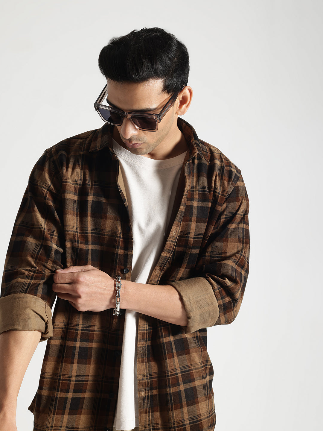 Khakhi Checked Full Sleeves Cotton Shirt