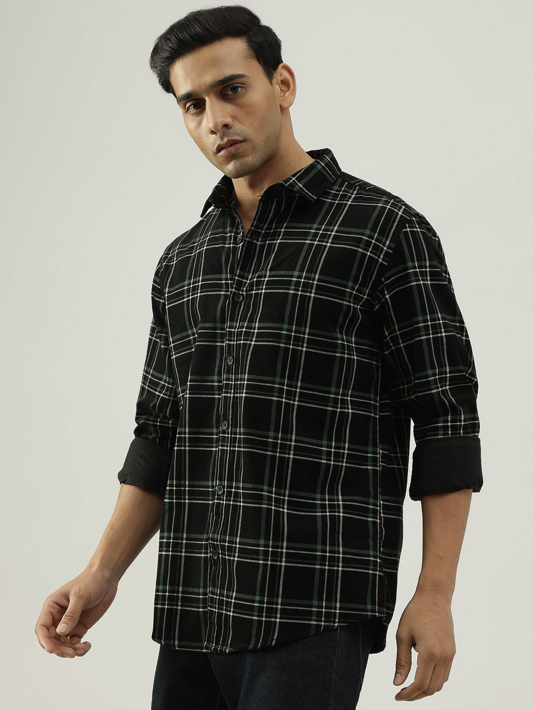Greenish Checked Full Sleeves Cotton Shirt