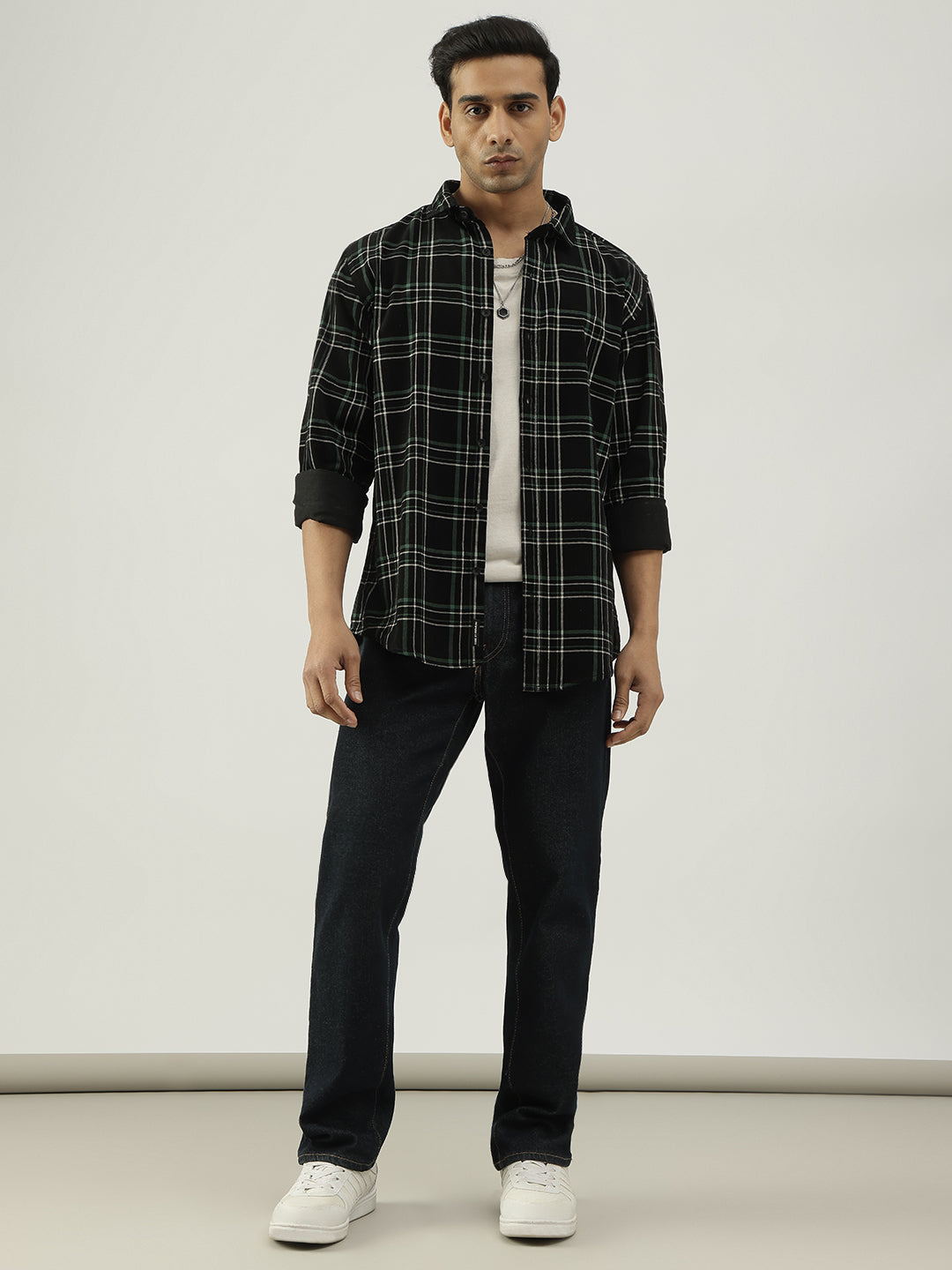 Greenish Checked Full Sleeves Cotton Shirt