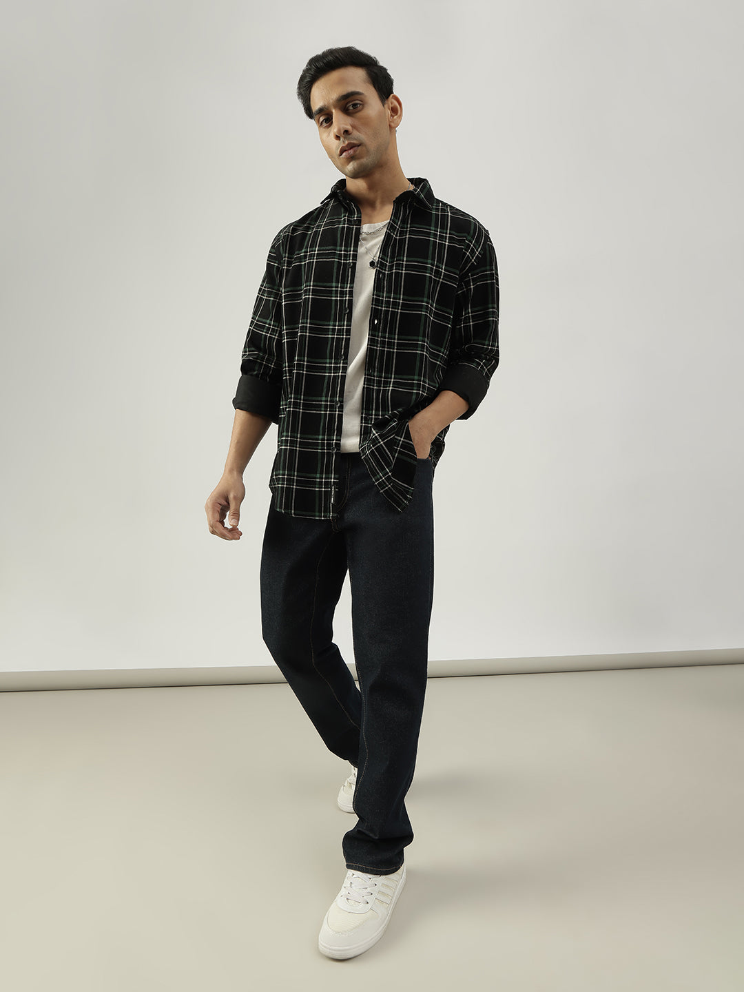 Greenish Checked Full Sleeves Cotton Shirt