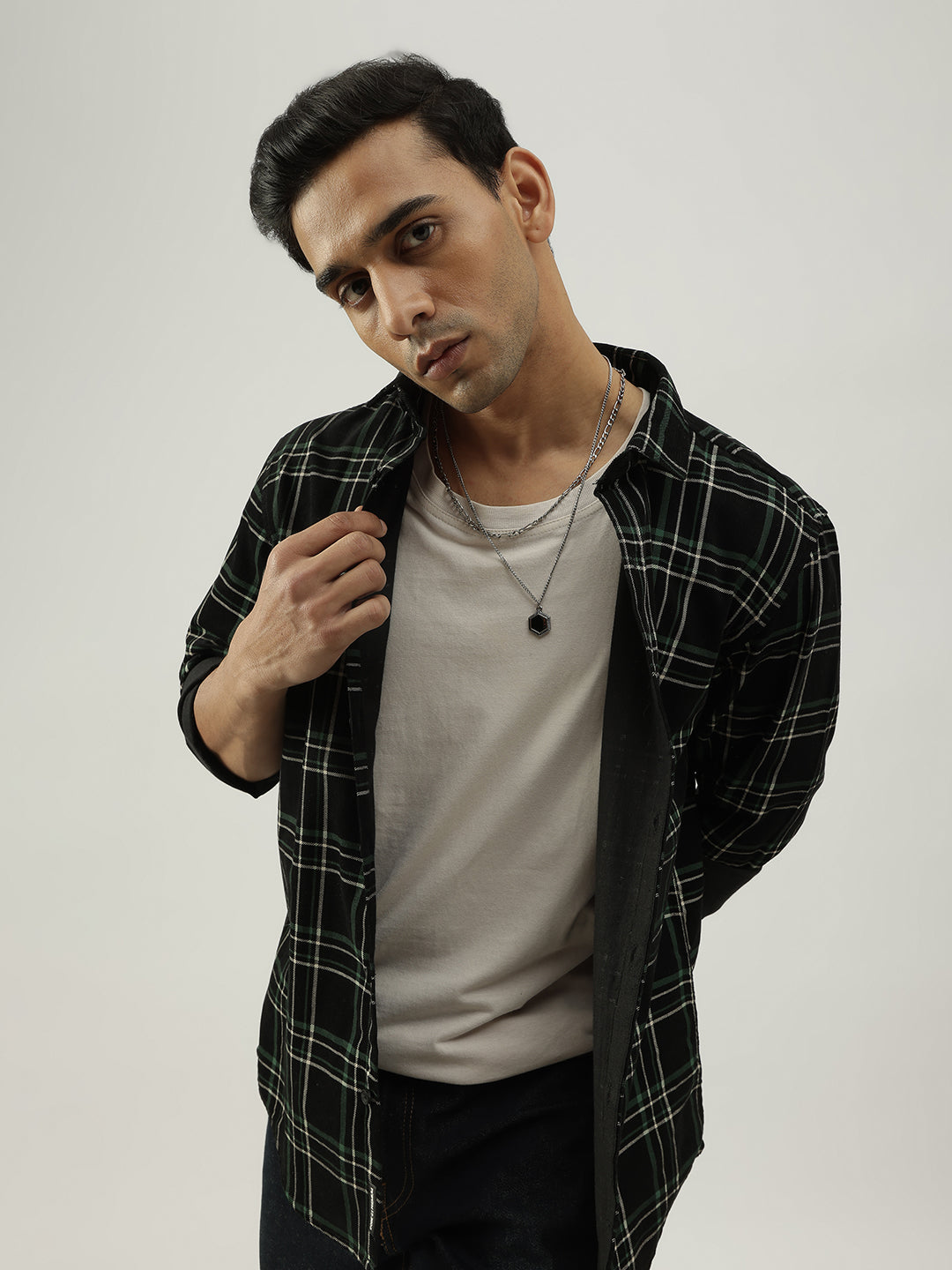Greenish Checked Full Sleeves Cotton Shirt