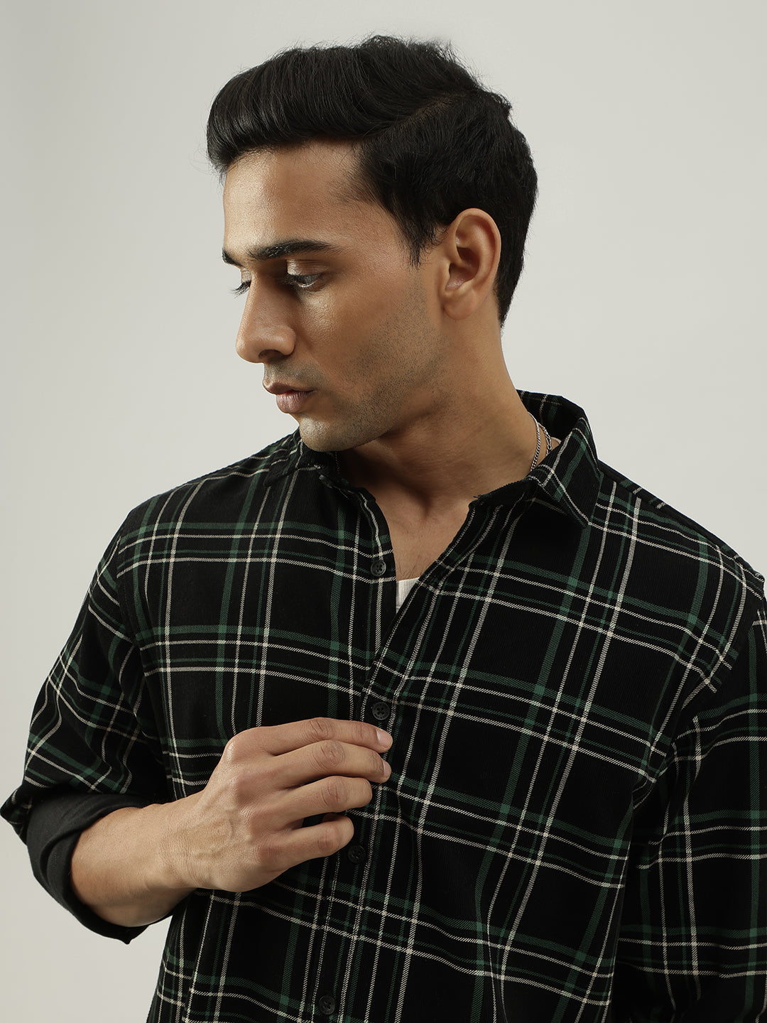 Greenish Checked Full Sleeves Cotton Shirt