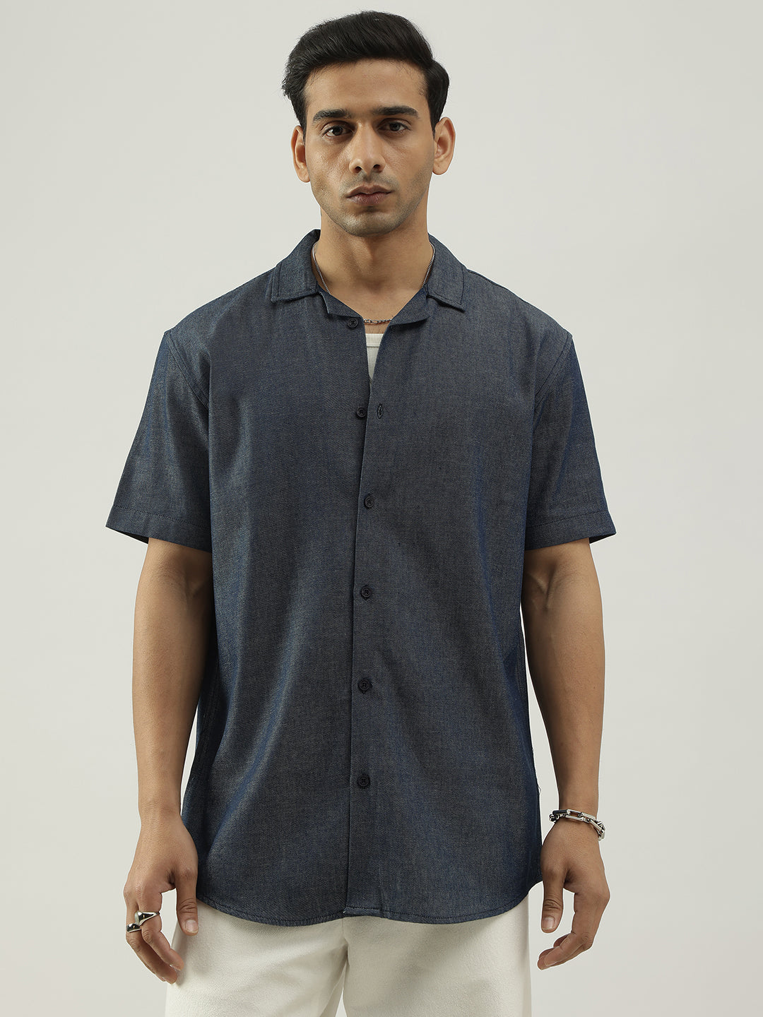 Blue Half Sleeves Cuban Collar Solid Shirt