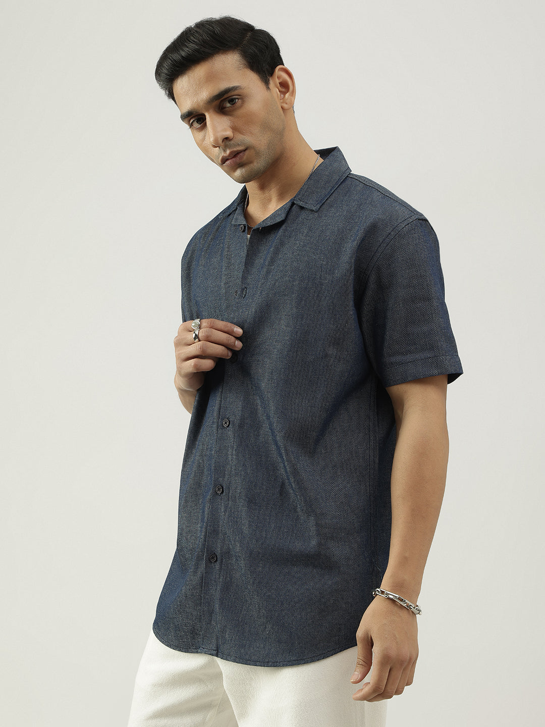Blue Half Sleeves Cuban Collar Solid Shirt