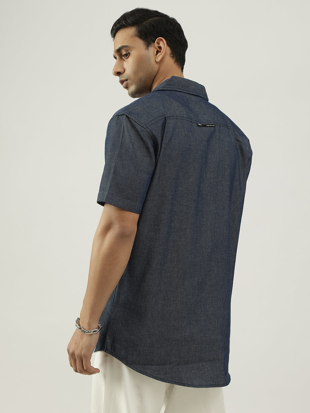 Blue Half Sleeves Cuban Collar Solid Shirt