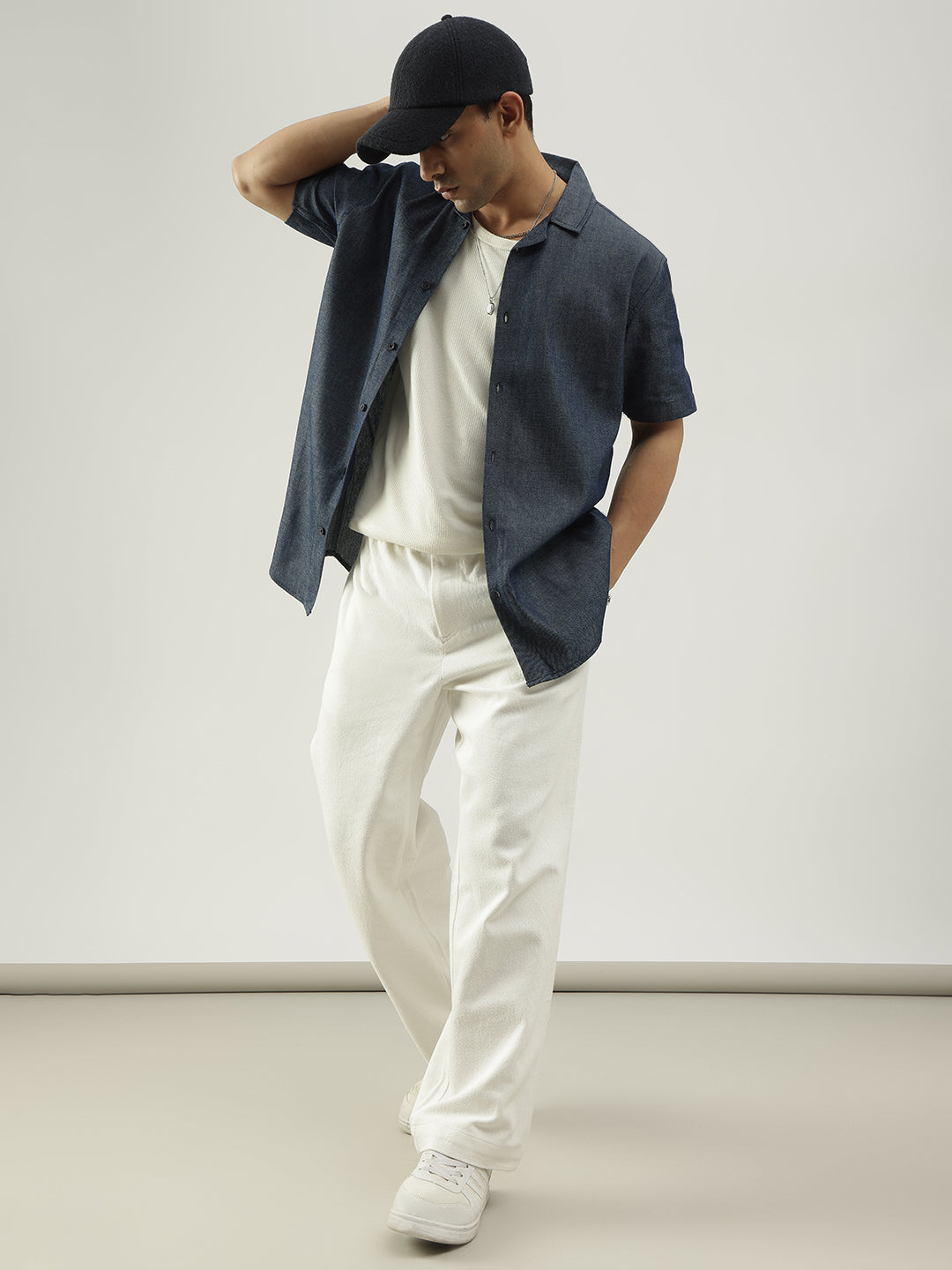 Blue Half Sleeves Cuban Collar Solid Shirt