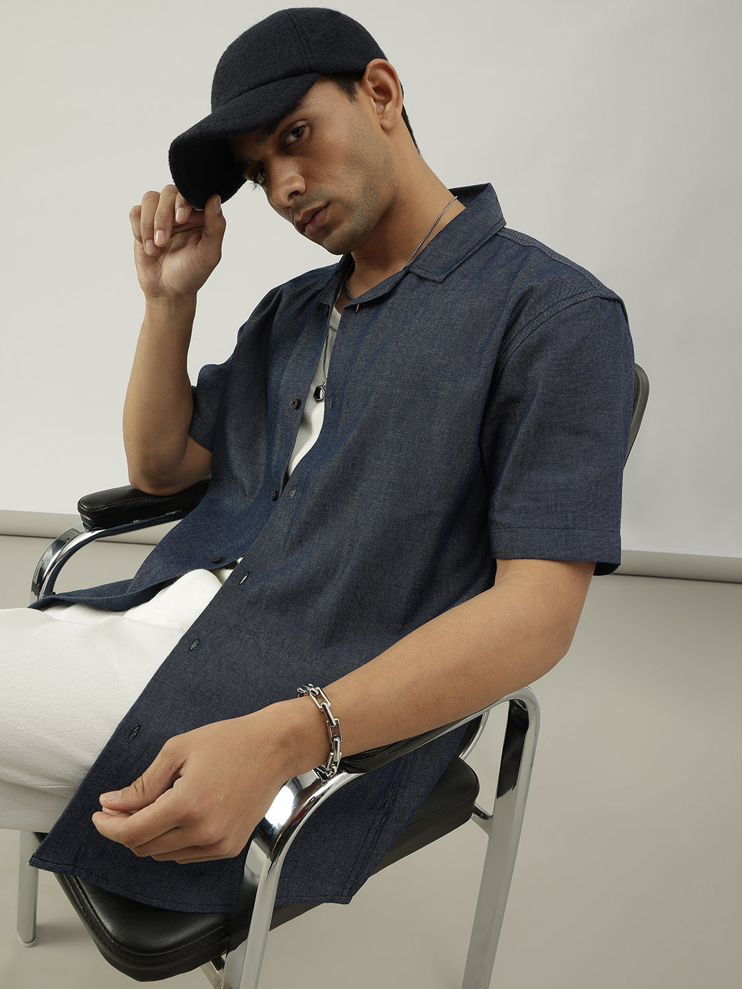 Blue Half Sleeves Cuban Collar Solid Shirt
