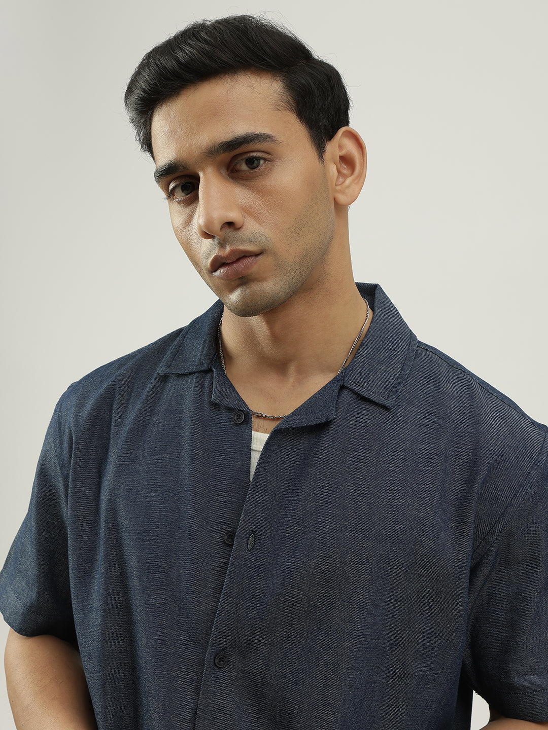Blue Half Sleeves Cuban Collar Solid Shirt