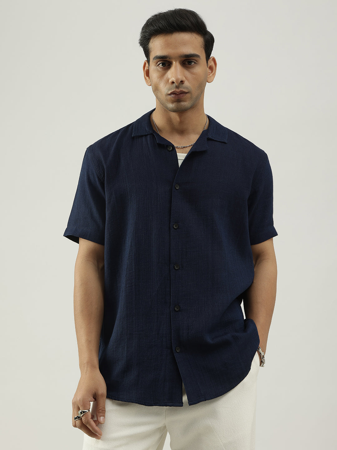 Navy Blue Half Sleeves Cuban Collar Solid Shirt