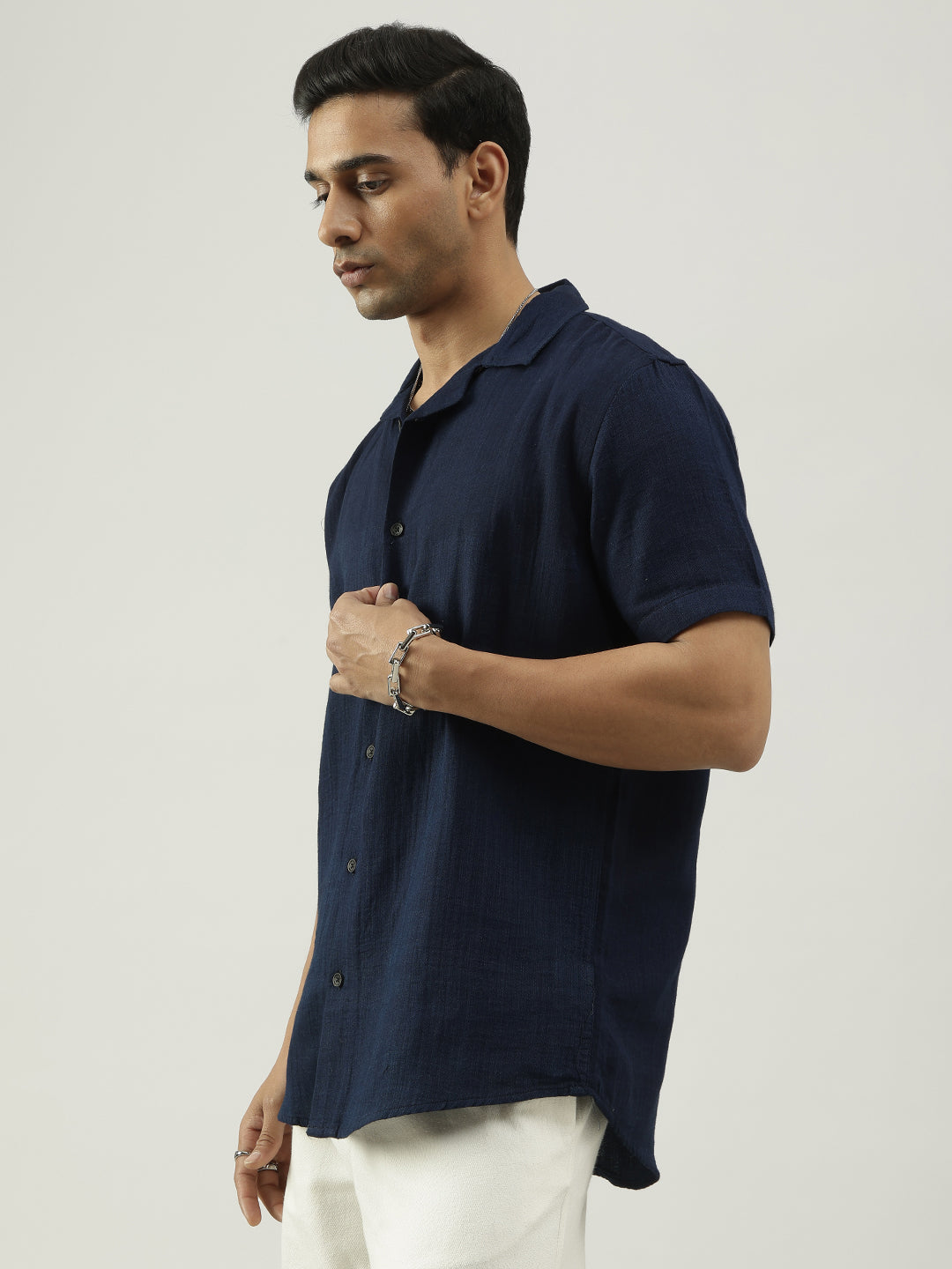 Navy Blue Half Sleeves Cuban Collar Solid Shirt
