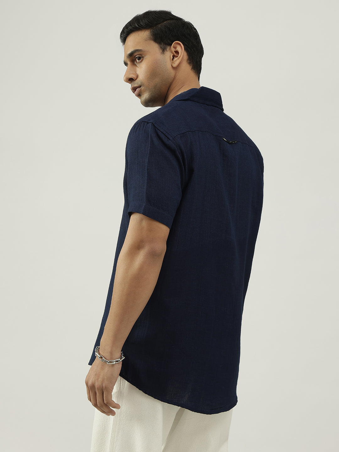Navy Blue Half Sleeves Cuban Collar Solid Shirt