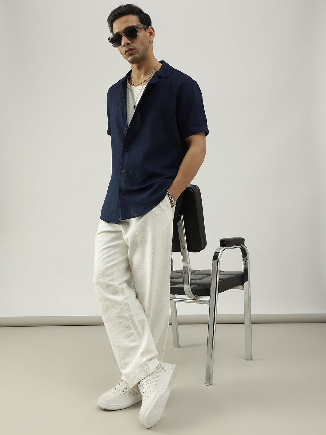 Navy Blue Half Sleeves Cuban Collar Solid Shirt