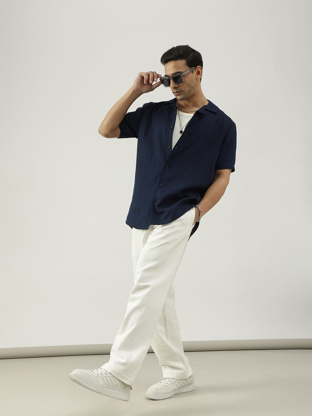 Navy Blue Half Sleeves Cuban Collar Solid Shirt
