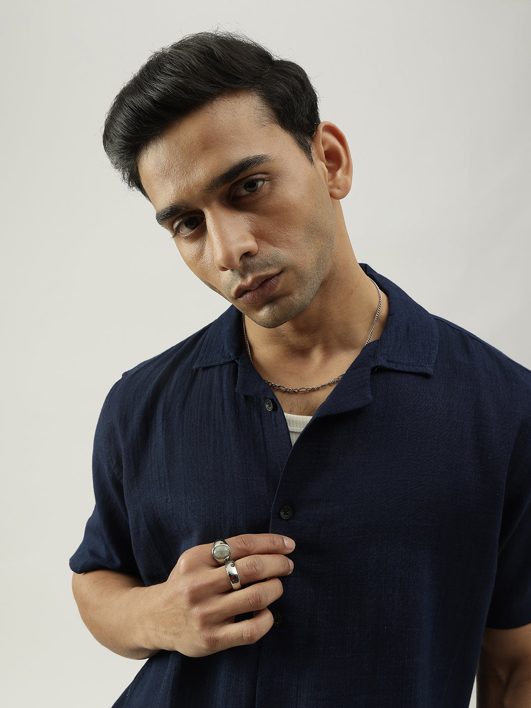 Navy Blue Half Sleeves Cuban Collar Solid Shirt