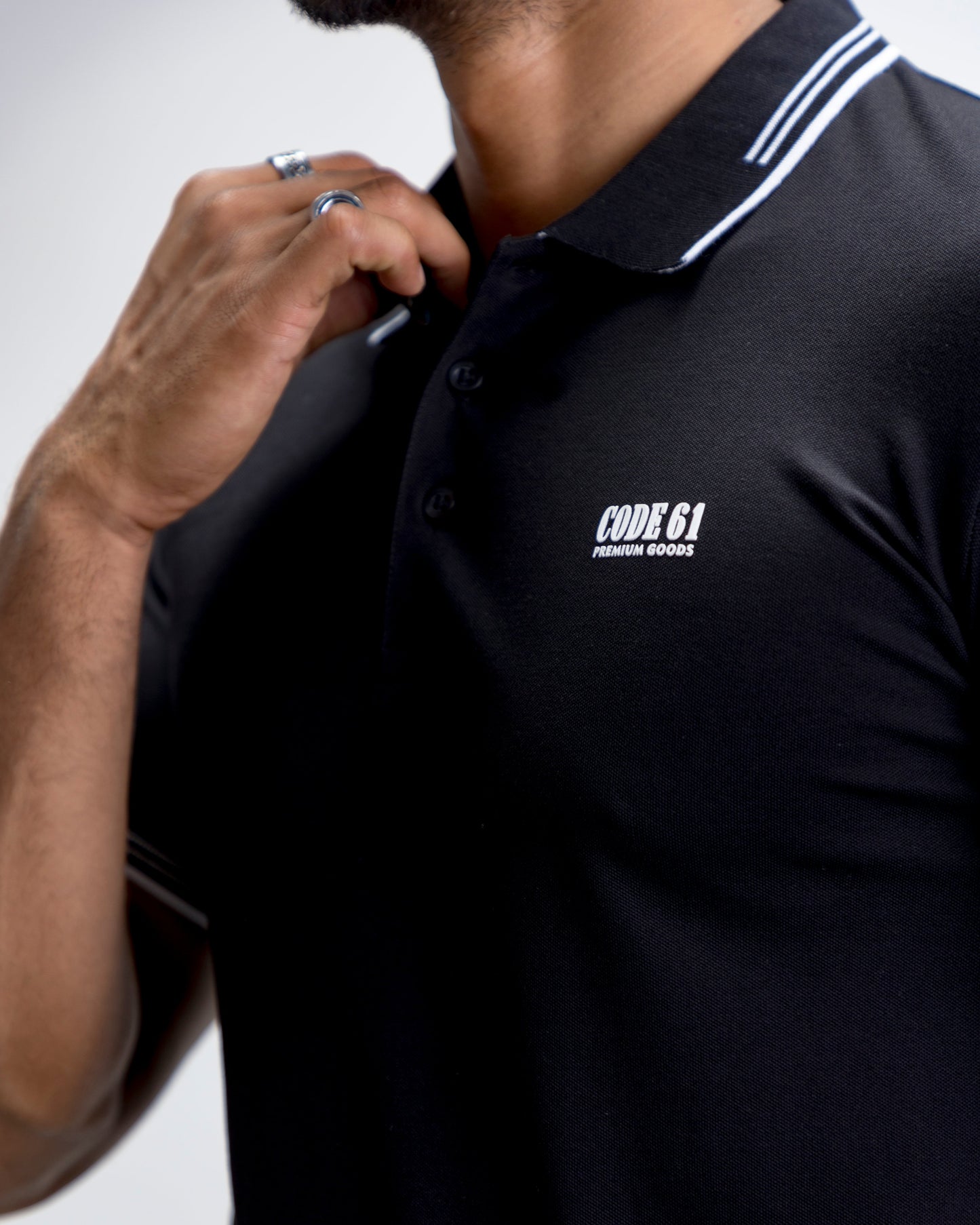 Solid Black Polo T-Shirt With Collar Details