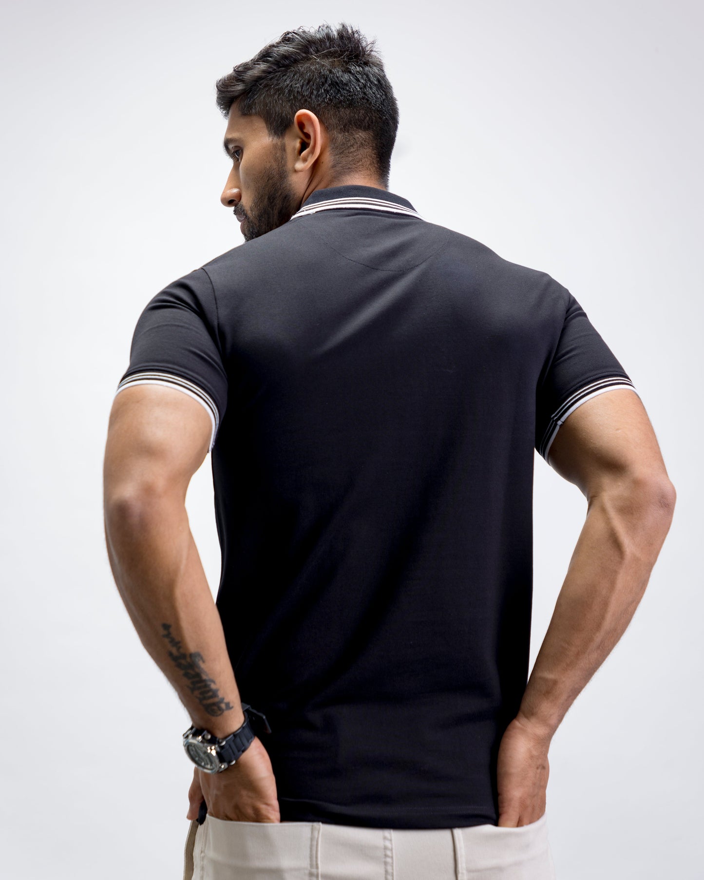 Solid Black Polo T-Shirt With Collar Details