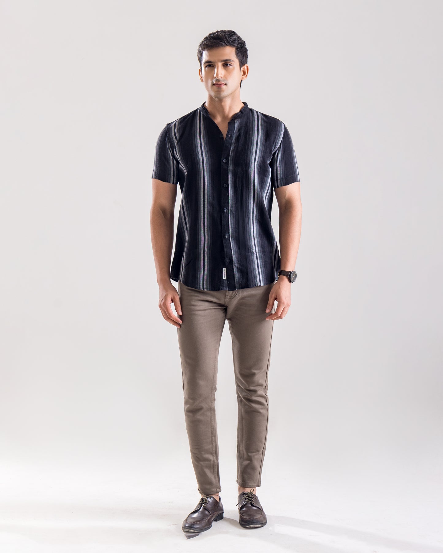 Black Regular Fit Structured Fabric Shirt with Contrast Stripes