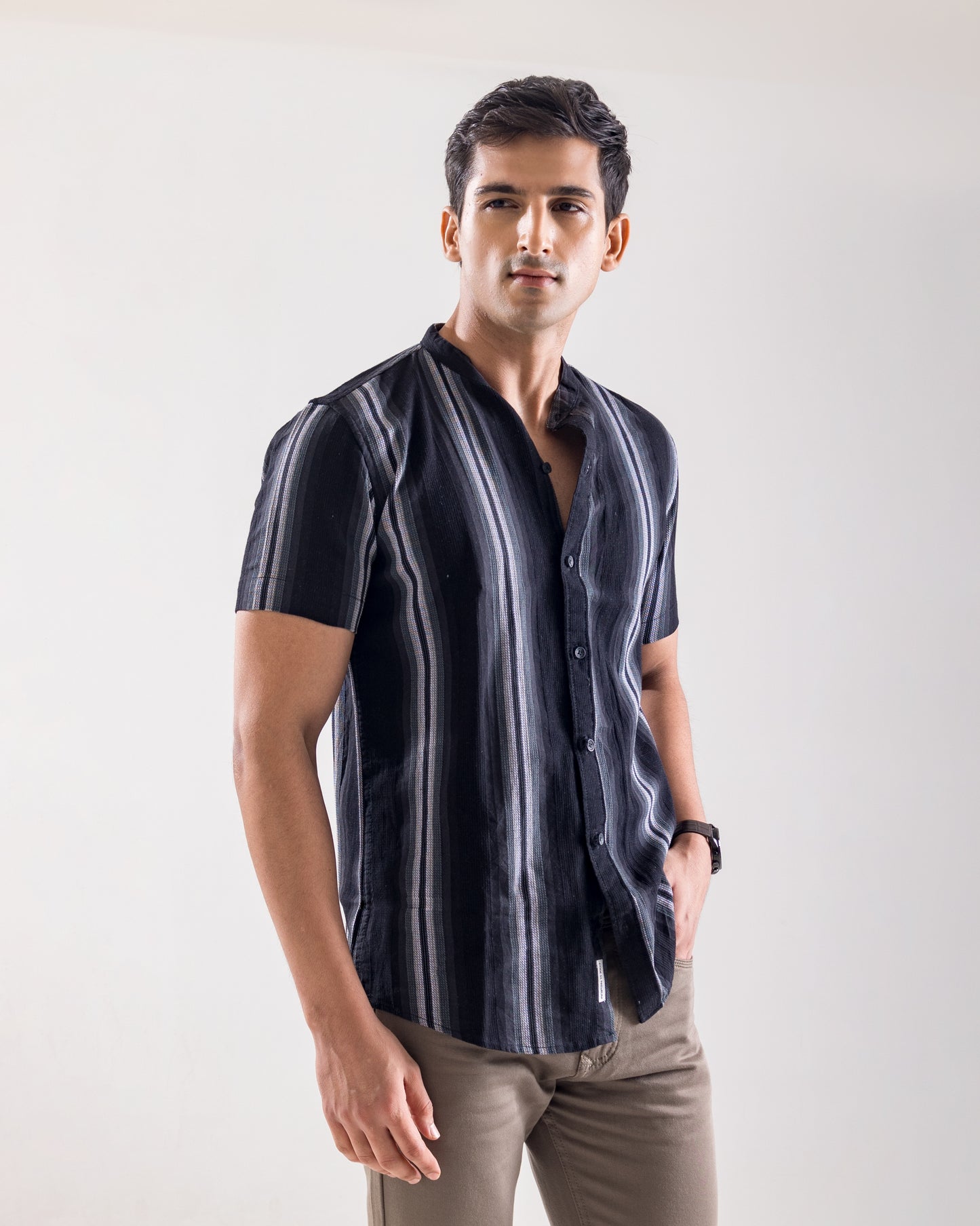 Black Regular Fit Structured Fabric Shirt with Contrast Stripes