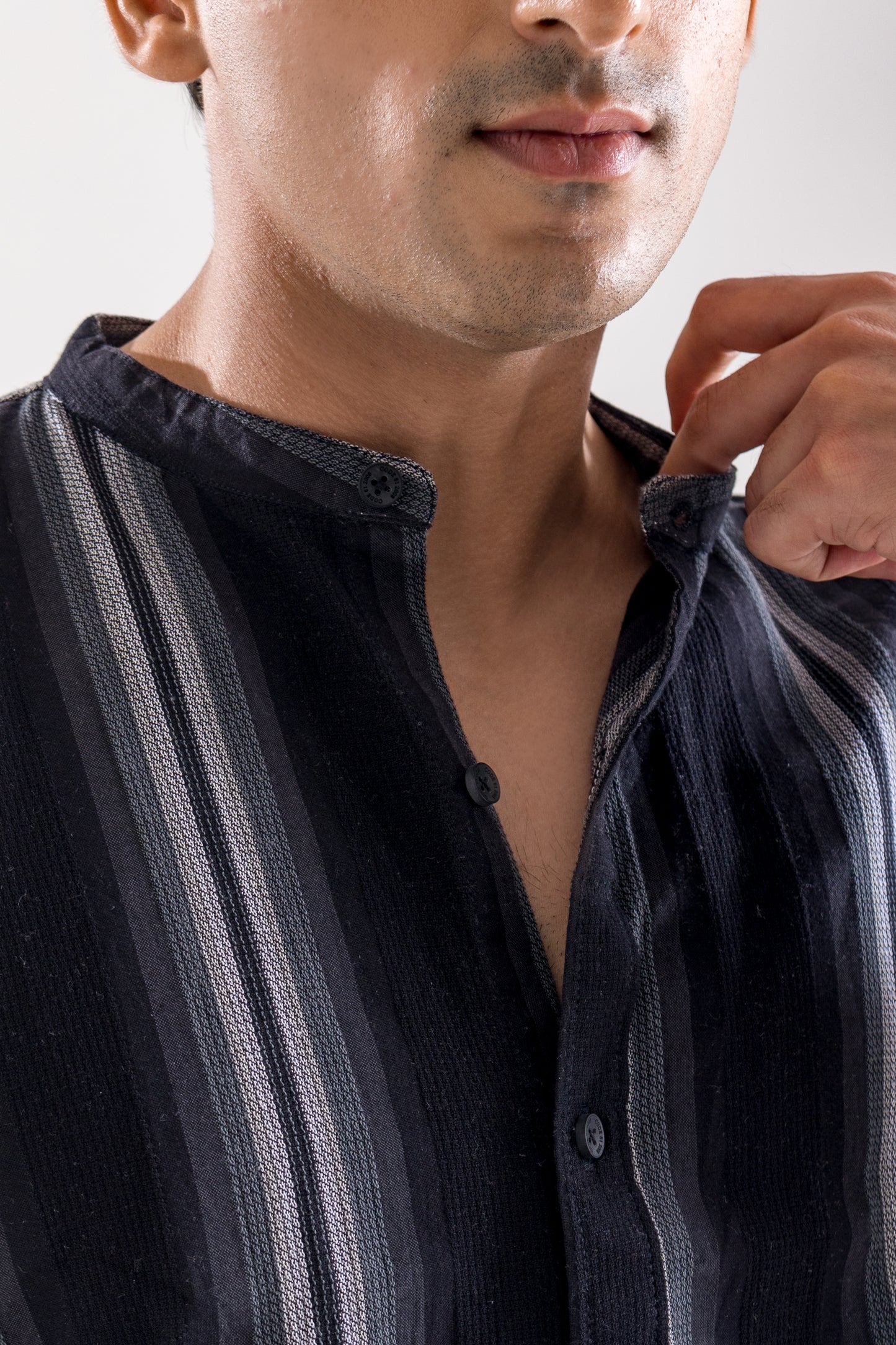 Black Regular Fit Structured Fabric Shirt with Contrast Stripes