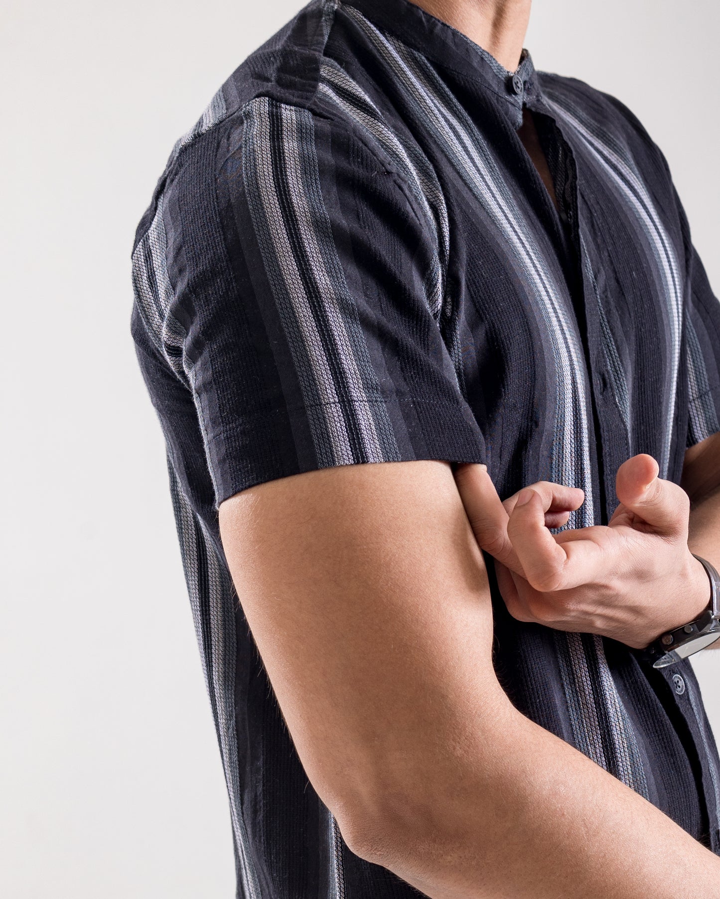 Black Regular Fit Structured Fabric Shirt with Contrast Stripes