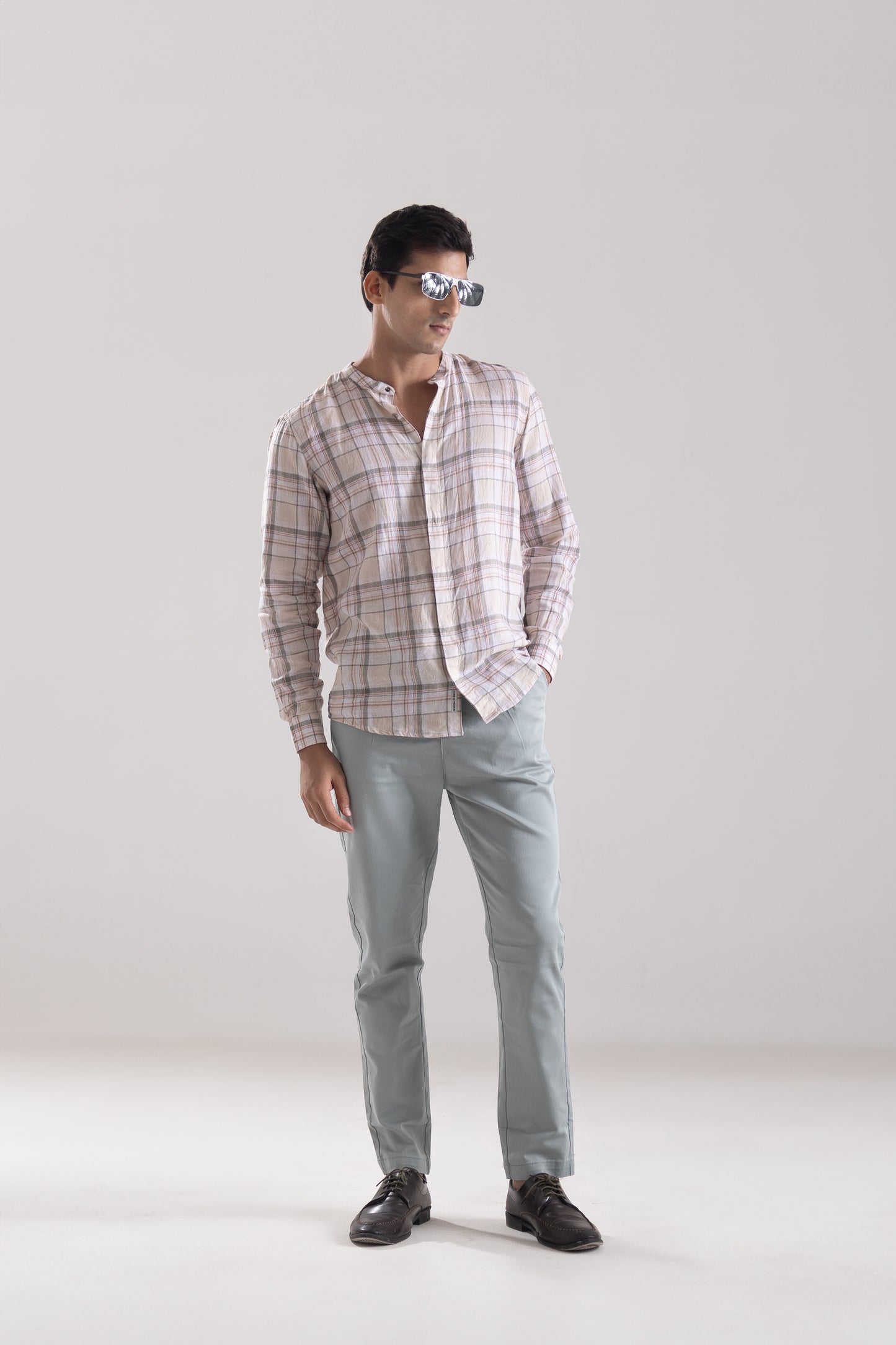 Mandarin Collar Cotton - Linen Check Shirt-Casual Khakhi