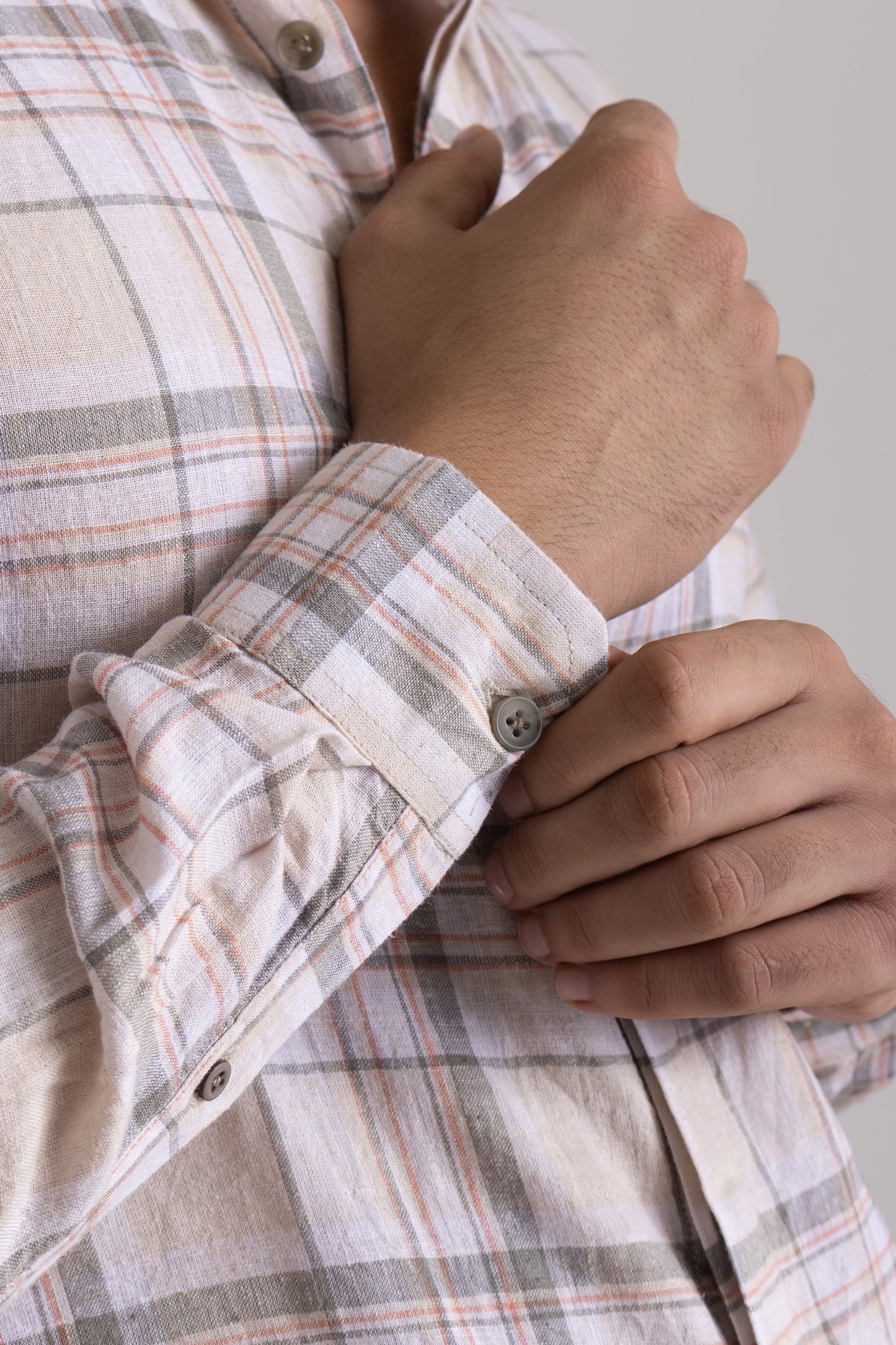 Mandarin Collar Cotton - Linen Check Shirt-Casual Khakhi