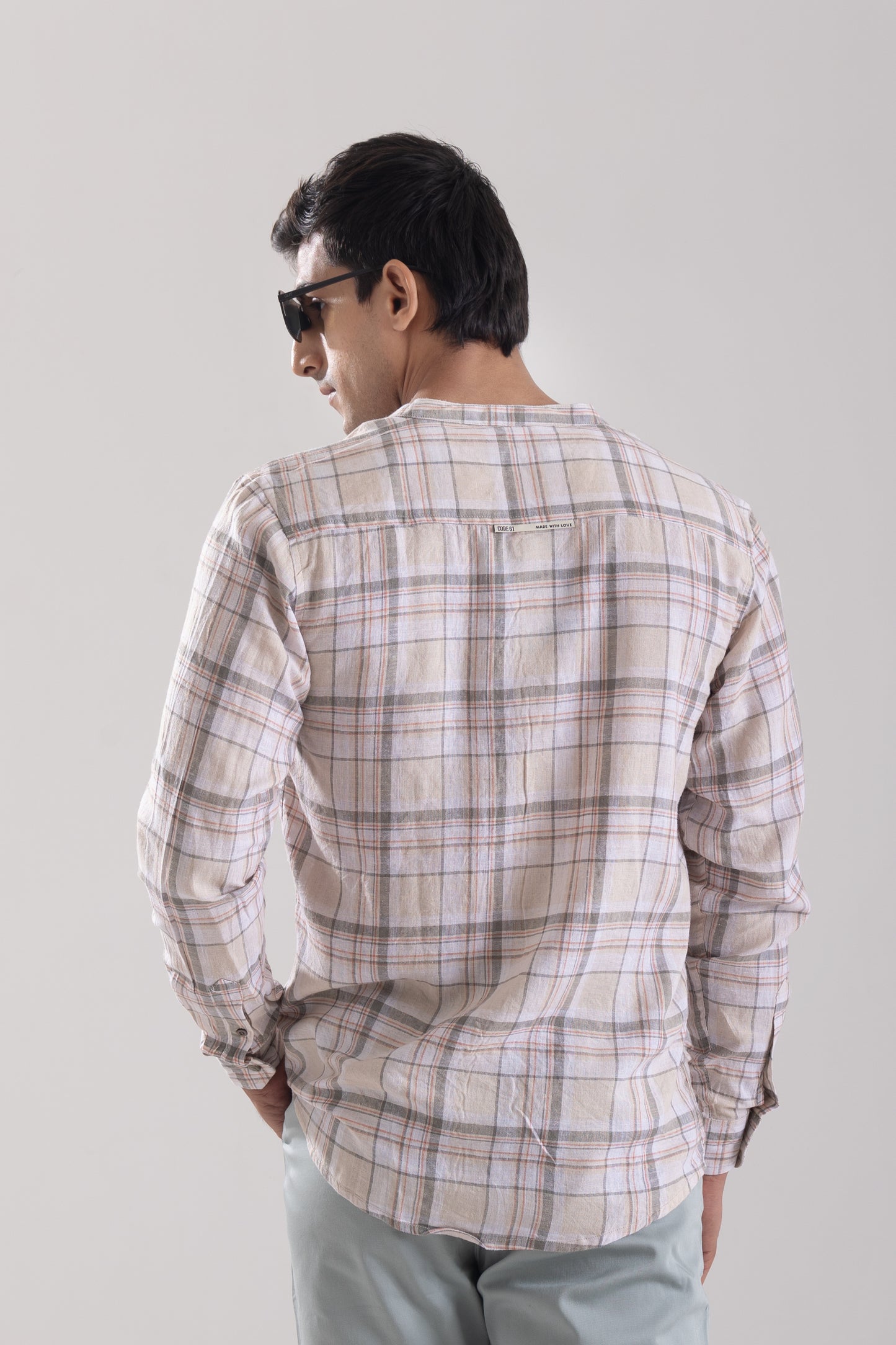 Mandarin Collar Cotton - Linen Check Shirt-Casual Khakhi
