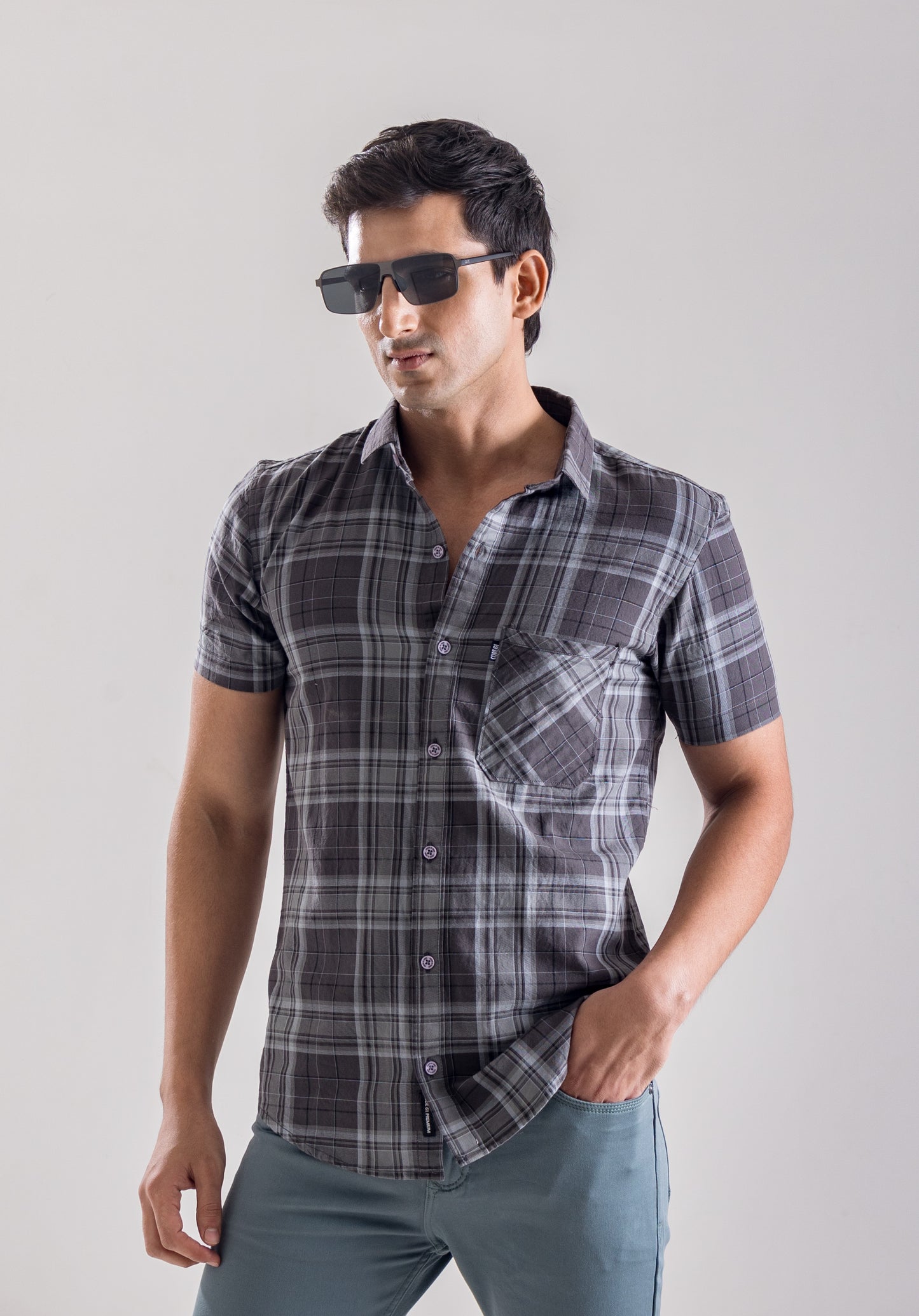 Checkered Grey Cut - Away Collar Shirt